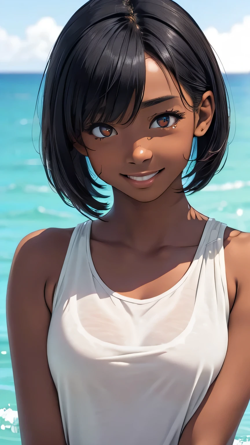 highest quality、Realistic、girl、zoom、Turquoise eyes、short hair、Bridal Lingerie、Tanned black body、Brown black skin、Dark Skin、Big 、A big smile、Summer Sea、Bust Shot