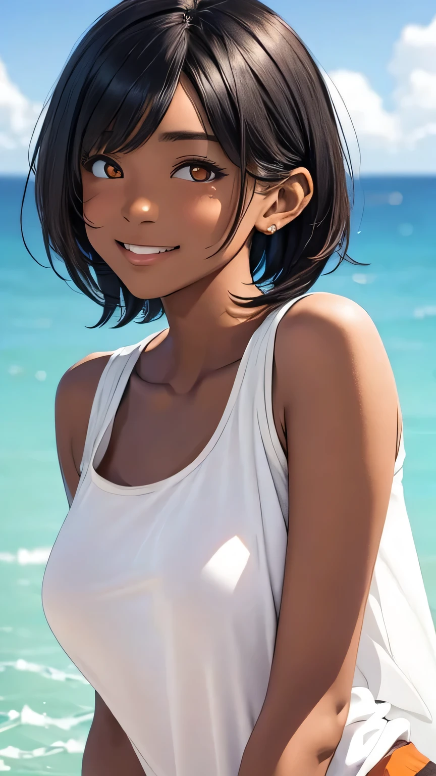 highest quality、Realistic、female、zoom、Orange Eyes、Very short black hair、Plain white tank top、Rolling up his sleevelender、Large Breasts、Sunburn。Dark Skin、smile、Bust Shot、Ocean