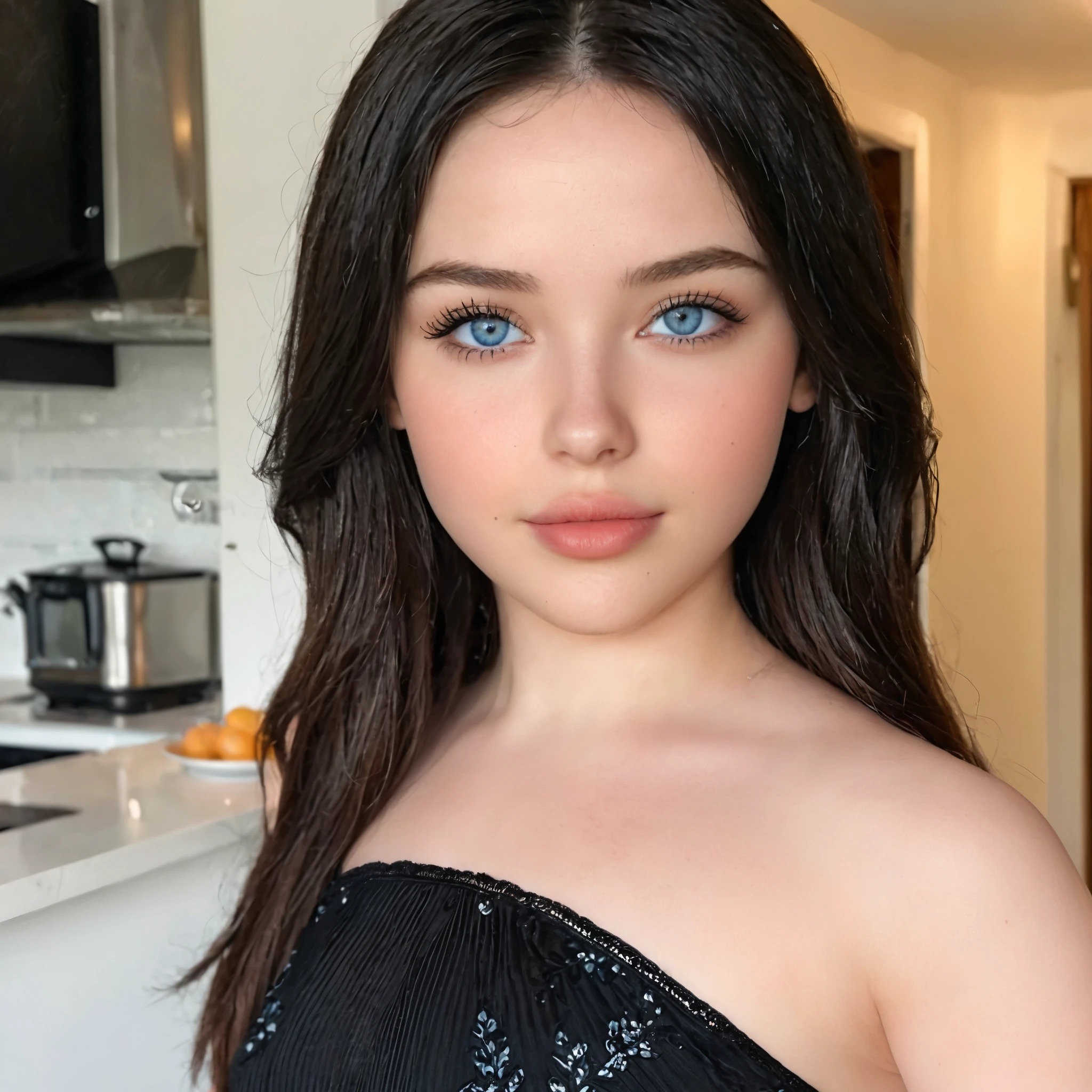 extremely detailed up close photo of a beautiful arafed woman, with black hair(detailed, realistik_, with large beautiful icy blue eyes, fox-shaped eyes, pale clean sckin, wearing a black armany dress, flirty face,  elegant, kitchen background, proffeshion photo