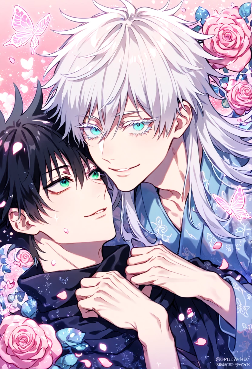 Ultra detailed, HDR, Highres, absurdres, master piece, Gojou Satoru, white hair, long hair, white eyelashes, expressive blue eyes, Fushiguro Megumi, black hair, long hair, expressive green eyes, Jujutsu Kaisen, two sexy men together, Chinese light blue robes with patterns, gay couple, yaoi, love, pink glittering butterflies, pink ice, petals, pink ice glass roses, sexy man, sensual, handsome, glittering, water, fantasy, magical, manly man, handsome smile,