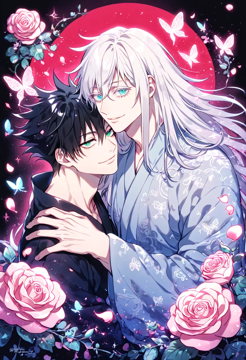 Ultra detailed, HDR, Highres, absurdres, master piece, Gojou Satoru, white hair, long hair, white eyelashes, expressive blue eyes, Fushiguro Megumi, black hair, long hair, expressive green eyes, Jujutsu Kaisen, two sexy men together, Chinese light blue robes with patterns, gay couple, yaoi, love, pink glittering butterflies, pink ice, petals, pink ice glass roses, sexy man, sensual, handsome, glittering, water, fantasy, magical, manly man, handsome smile,