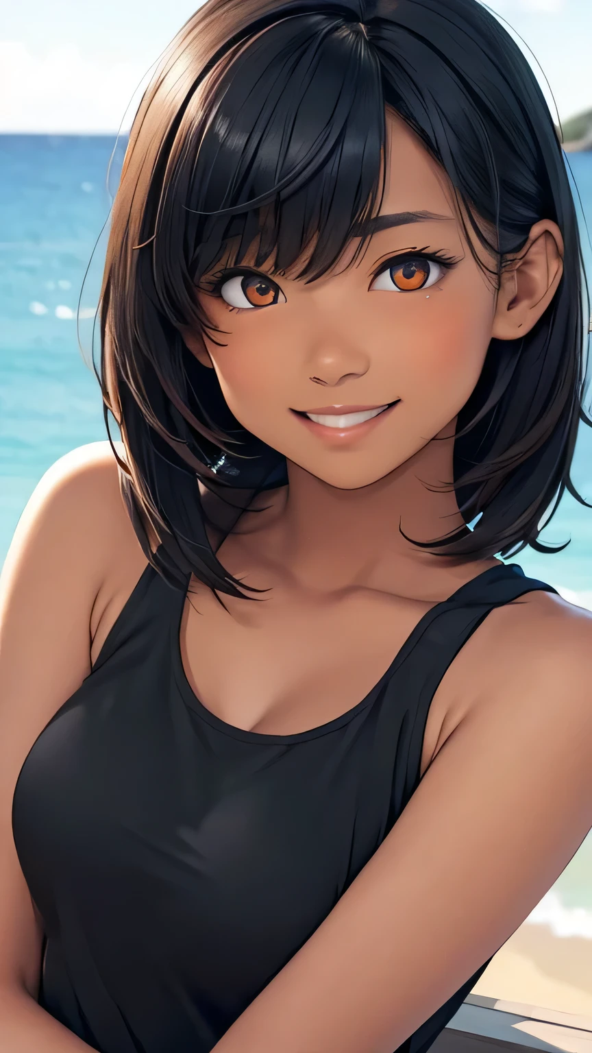 highest quality、Realistic、female、zoom、Orange Eyes、Very short black hair、Plain white tank top、Rolling up his sleevelender、Large Breasts、Sunburn。Dark Skin、smile、Bust Shot、Ocean