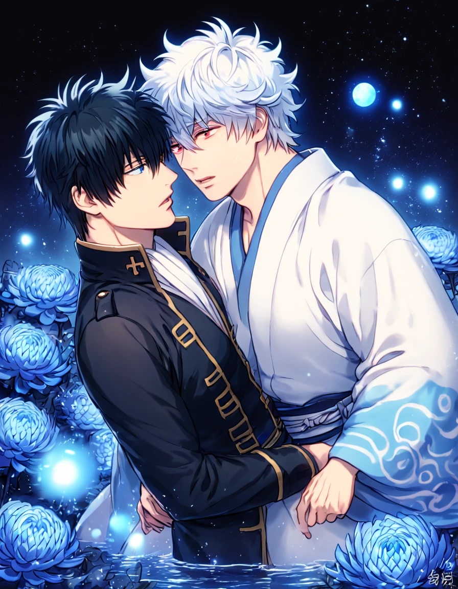 absurdres, highres, ultra detailed, HDR, master piece, best quality, extremely detailed, Sakata Gintoki, white hair, expressive red eyes, Gintama, Hijikata Toshiro, black hair, expressive blue eyes, two sexy men together, yaoi, gay couple, handsome, white kimono, blak military clothes, fantasy, water, sparkling, blue glittering fireflies, blue moon, blue blossoms, blue chrysanthemums, blue sparkling lights, starry sky, magical