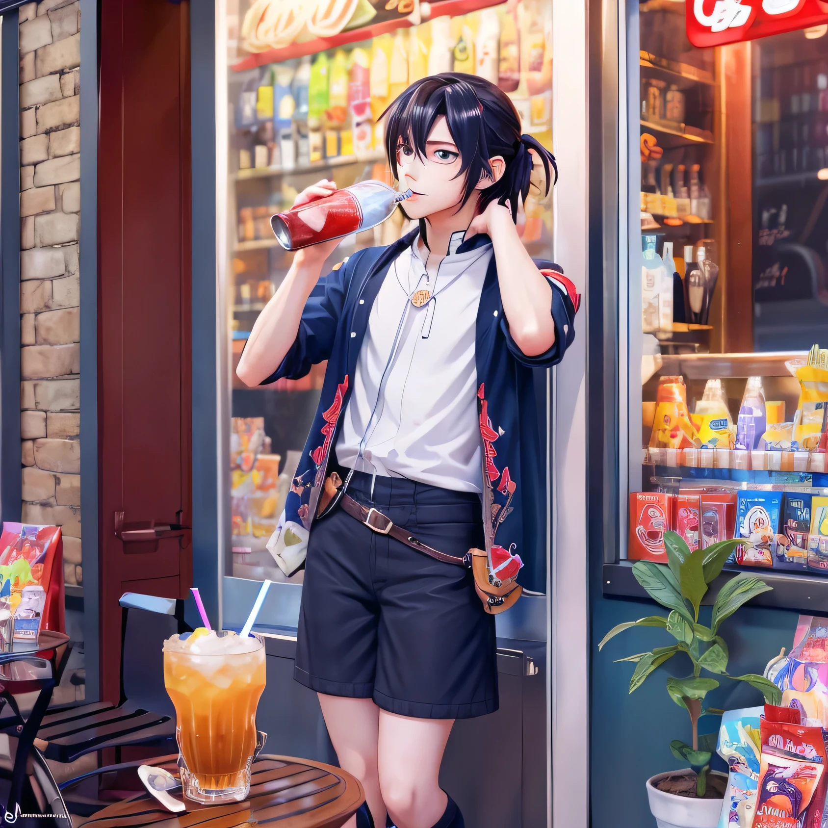 pretty anime character design, anime full body illustration, 4k, sangat detail, relistic, sempurna, anime girl with a drink in her hand, with a drink, holding a drink, drinking a strawberry iced latte, anime girl drinks energy drink, anime full body illustration, single character full body, soda themed girl, young anime man, is ((drinking a cup of tea)), tall anime guy with blue eyes, as an anime character, drinking beer, fullbody commission for, realistic image, ultra realism, perpfect detail. hyper realistic, 4K, UDH. ultra detail, Hyper maximalism, fantasy