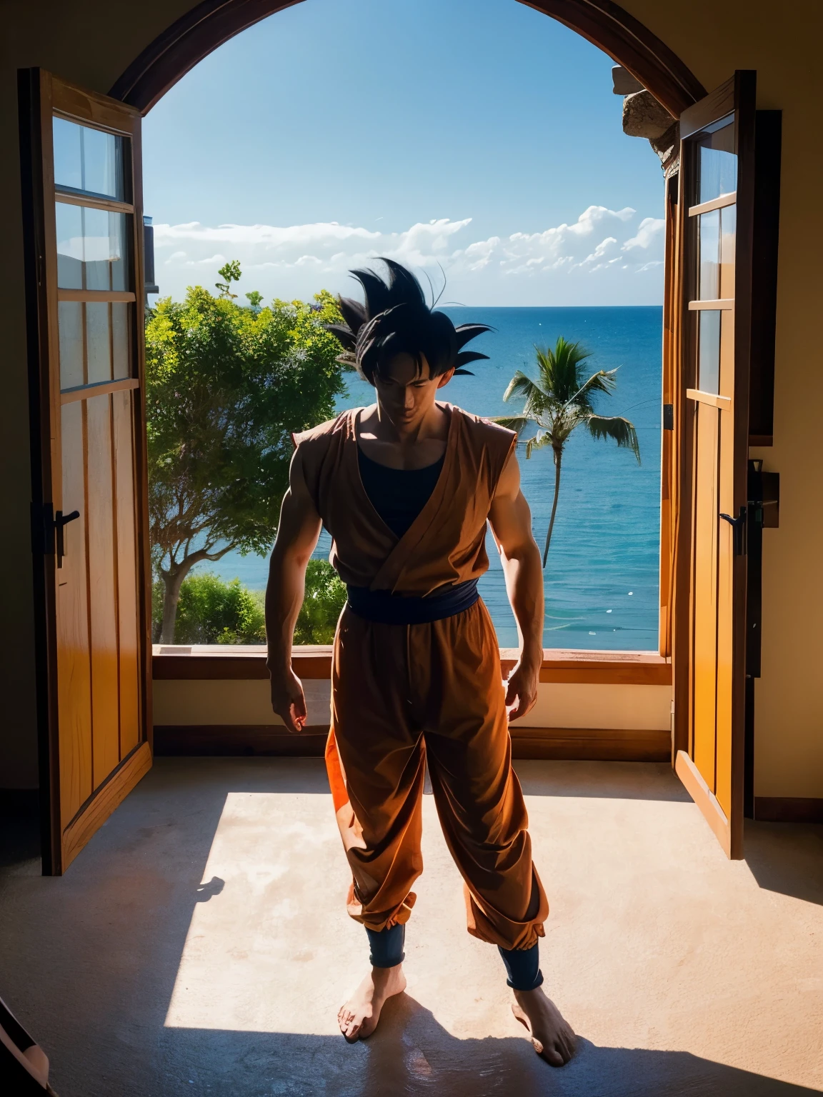 (Meat quality:1.2, masterpiece:1.2), ((1man)), professional lighting, cinematic lighting, realistic & detailed portrait of Son Goku, DBZ, well-composed artworkA proud epic character and a beautiful, realistic scene behind the scenes. Get ready for a visual feast with the handsome 20 year old God Goku with symmetrical red eyes, a handsome face, simple detailed dark blue clothes, a good body, In his transformed state, wearing orange clothes, bare foots, attic room, pink painted wall, opened bay window with curtain, view ocean & palms trees via bay window, standing, 