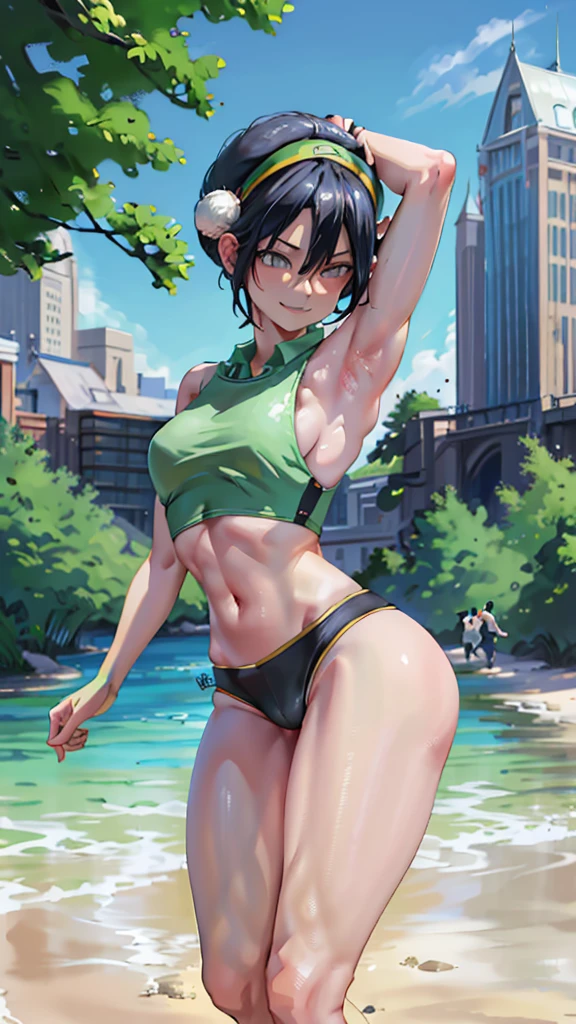 Masterpiece, Best Quality, High Definition, 1girl, Solo, Black Hair, Hair Bandage, Short Hair, Décolleté, Sports Top, Black Short Shorts, Ass, Wide Thighs, Blue Eyes, Green Hair Band, Blind, Hair Bun, Barefoot, City, Outdoor, showing armpits and pussy half naked. Smiling. 