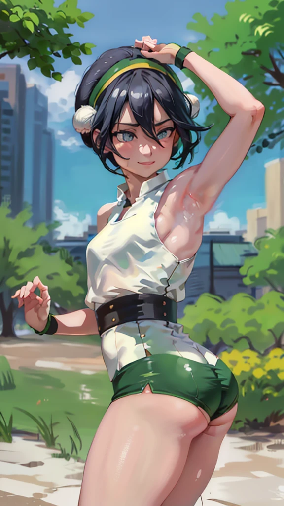 Masterpiece, Best Quality, High Definition, 1girl, Solo, Black Hair, Hair Bandage, Short Hair, Décolleté, Sports Top, Black Short Shorts, Ass, Wide Thighs, Blue Eyes, Green Hair Band, Blind, Hair Bun, Barefoot, City, Outdoor, showing armpits and pussy half naked. Smiling. 