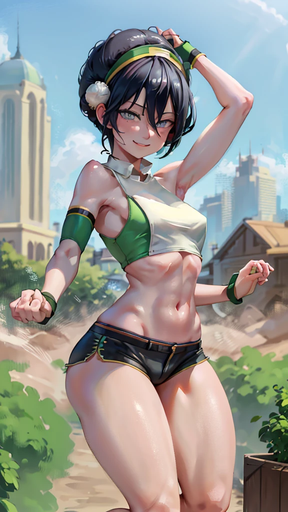 Masterpiece, Best Quality, High Definition, 1girl, Solo, Black Hair, Hair Bandage, Short Hair, Décolleté, Sports Top, Black Short Shorts, Ass, Wide Thighs, Blue Eyes, Green Hair Band, Blind, Hair Bun, Barefoot, City, Outdoor, showing armpits and pussy half naked. Smiling. 