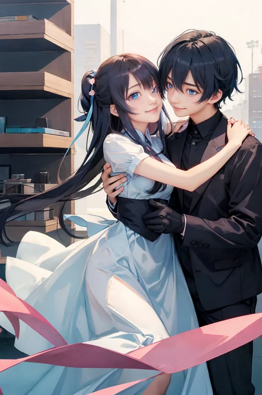 Anime boy with blue eyes dark blue hair wearing modern dress and Anime girl with pink eyes peach long hair wearing modern dress smiling 