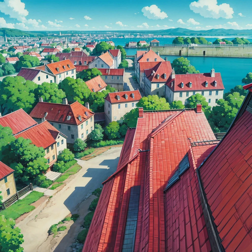 animesque, port town, Skyscape with clouds, Landscape without buildings. You can see the touch of the brush, Studio Ghibli, Ghibli, a sultry, Scenery, Style, sky line