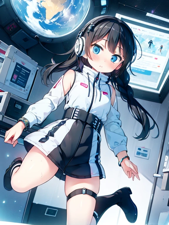 (Highest quality), (masterpiece), 1080P, High resolution, 4K, 8k, Inside the space station、Futuristic room、jumping:1.5,zero gravity,floating,Thigh straps, Shooting from directly below, The woman on top of me, 白いSweat, Covered , Sweat, Woman looking down, Skirt swimsuit, I can see your pants。BREAK black long sleeves,black tights,BREAK thigh-high socks, futuristic boots,headphone,To achieve this, , , whole body, Black leather shoes, Braided hair, Inner Color, Embarrassed face, Short black hair, bracelet, Bedroom,white downVest,celestial body_Vest