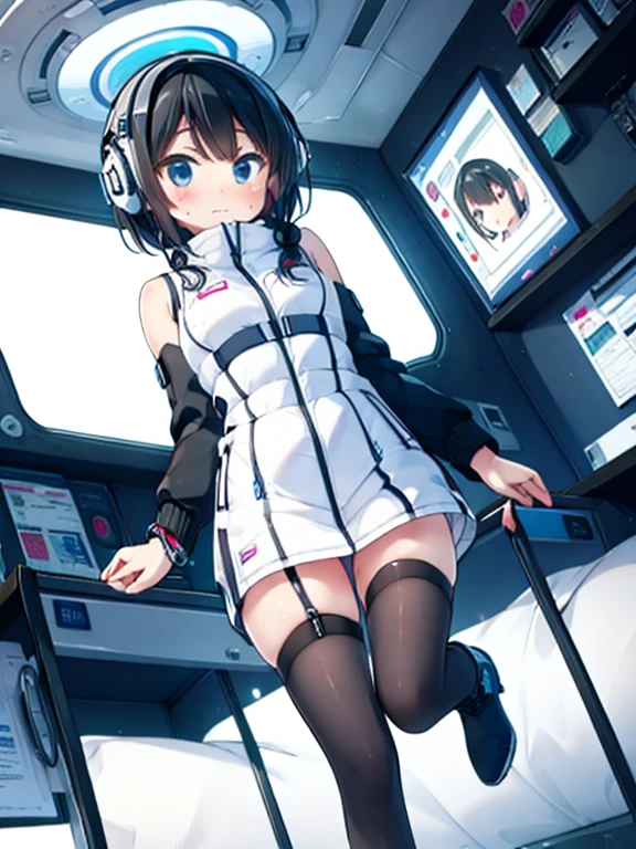 (Highest quality), (masterpiece), 1080P, High resolution, 4K, 8k, Inside the space station、Futuristic room、jumping:1.5,zero gravity,floating,Thigh straps, Shooting from directly below, The woman on top of me, 白いSweat, Covered , Sweat, Woman looking down, Skirt swimsuit, I can see your pants。BREAK black long sleeves,black tights,BREAK thigh-high socks, futuristic boots,headphone,To achieve this, 16 years old, , whole body, Black leather shoes, Braided hair, Inner Color, Embarrassed face, Short black hair, bracelet, Bedroom,white downVest,celestial body_Vest