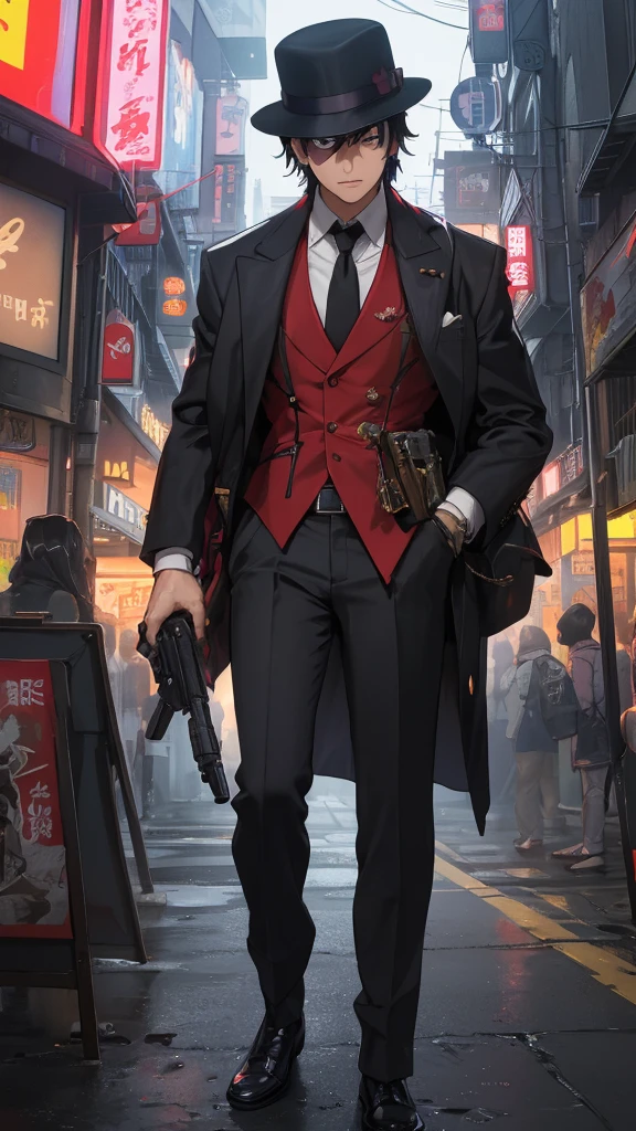 Amidst the bustling streets of Tokyo, Taro Sato stood at the edge of Shibuya Crossing, his dark hair catching the glow of neon lights. His figure cut a striking contrast against the vibrant backdrop—a tailored navy suit that spoke of sophistication, complemented by a classic detective’s hat perched atop his head. The hat, dark grey with a wide brim, lent an air of timeless mystery and authority.

In his right hand, Taro held a sleek, black handgun, its polished surface reflecting the city’s dazzling lights. The weapon was discreetly yet firmly gripped, suggesting readiness without overt aggression. The contrasting elements of his attire—the formal suit, the detective’s hat, and the gun—painted a complex portrait of a man who navigated Tokyo's vibrant chaos with a sharp, focused purpose.

As he stood in the midst of the frenetic crowd, the rhythmic pulse of Tokyo seemed to blur around him. His eyes, keen and alert, scanned the sea of faces and neon signs. He briefly stepped into a quieter alleyway, where the high-energy atmosphere of the main streets gave way to the softer glow of a ramen shop. The warm light from within offered a brief respite, casting a gentle illumination on his face and the gun he held. In this blend of chaos and calm, Taro Sato remained a figure of both intrigue and vigilance, perfectly at home in the city’s ever-shifting landscape.