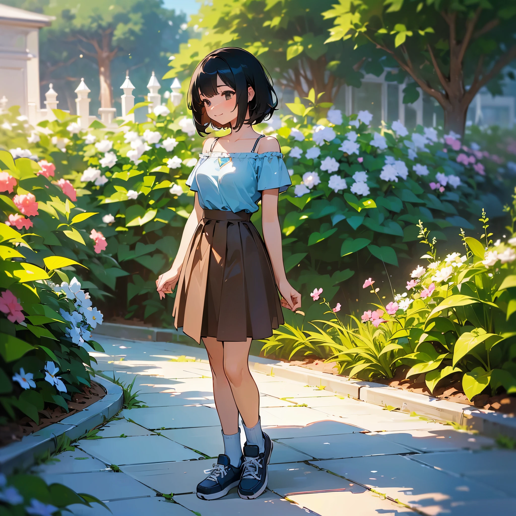 (high quality, High resolution, Very detailed, reality:1.37), Peaceful atmosphere, (Outdoor, garden), Teenage girl standing alone, (my breasts are big.), Beautiful details, Cute Smile, (Black bob hair), camisole, Brown Skirt, Blue socks, sneakers.