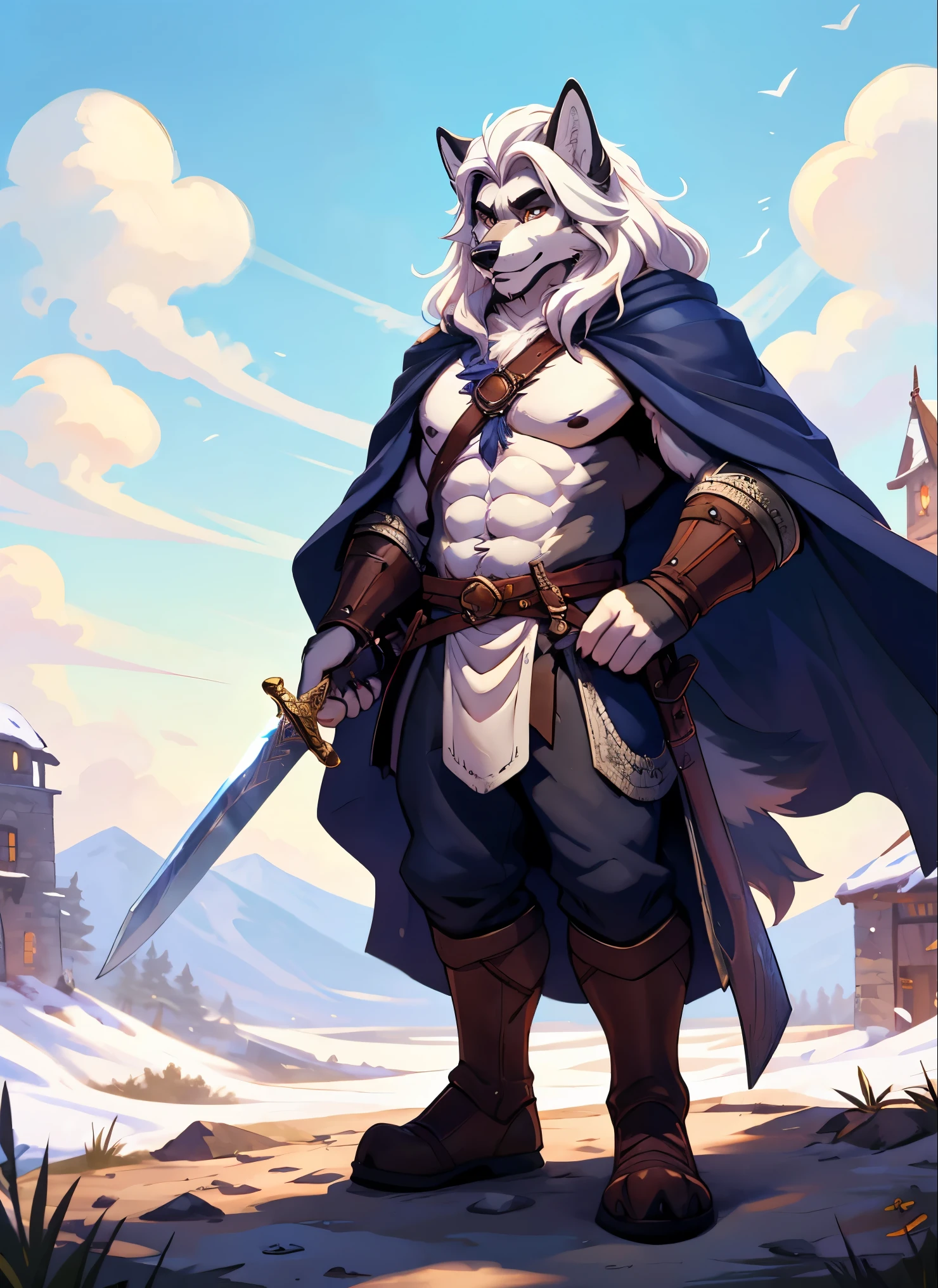 Alone, presumed, friendly and severe looking anthropomorphic furry wolf medieval knight, muscular, old male, has dark gray and white fur, he has big short white fluffy hairs, He has a long beard of wizard hair., , He has a long beard of wizard hair., , He has a long beard of wizard hair., He wears heavy medieval knight plate armor and an old worn medieval navy blue cape.., he is holding a medieval sword, in blizzard battle, masterpiece Digital paint, Digital paint,