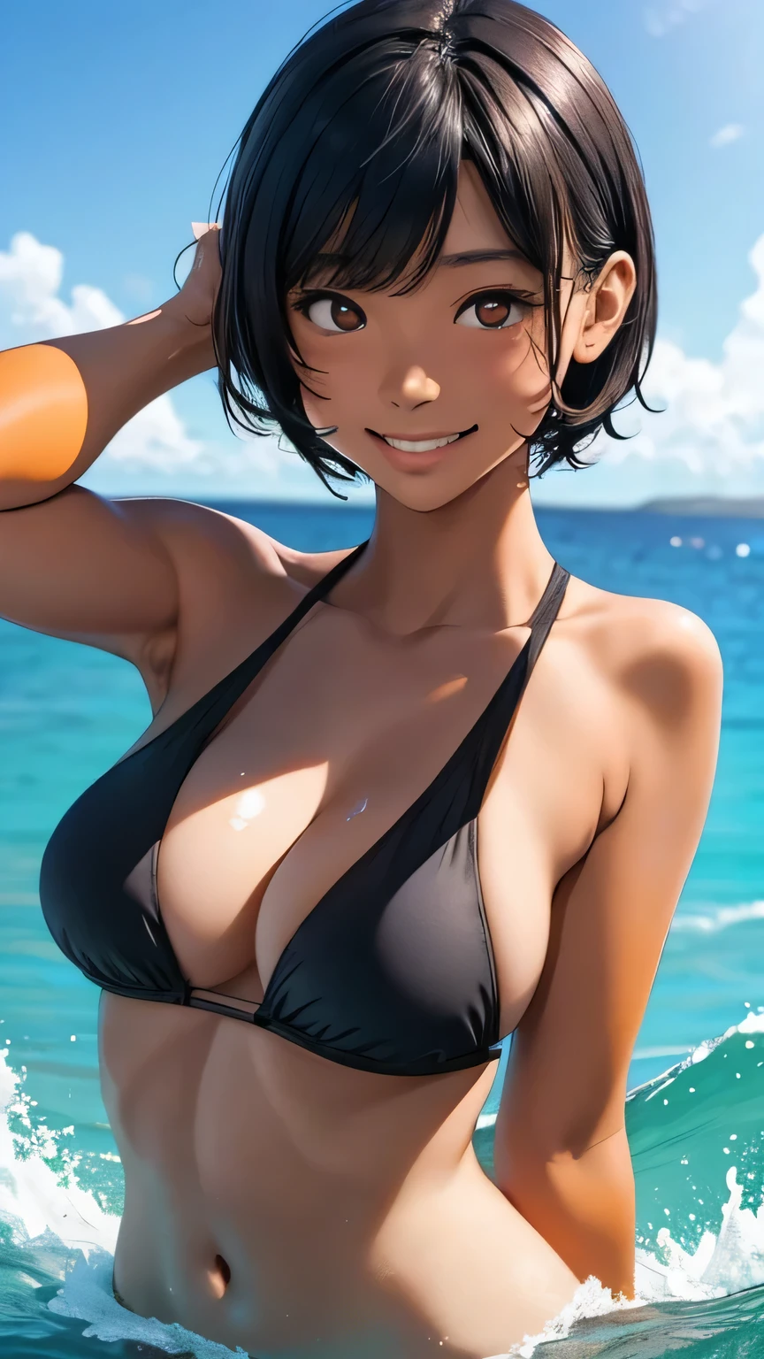 highest quality、Realistic、female、zoom、Orange Eyes、Very short black hair、Nano Bikini、slender、Large Breasts、Sunburn。Dark Skin、smile、Bust Shot、Ocean