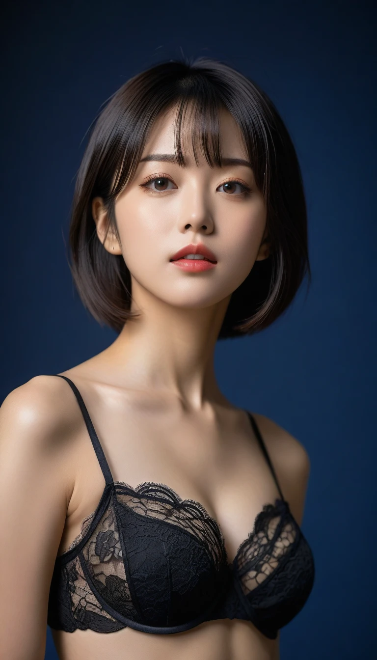 8k, Ultra-high resolution, Highest quality, masterpiece, 三分割法によるphotograph,Surreal, photograph, 1 Girl, (16 years old:1.3), pretty girl, Cute Face, Beautiful eyes in every detail, 細かくdetailedに,masterpiece,One Girl:1.2,Japanese female announcer,cowboy shot,Serious expression,Black short hair,Bob with bangs,Black Lace Lingerie, See through, Look forward, Standing posture, Opposition, Dynamic Lighting, Sharp contours, Light from above, Low contrast, (Side view),Perfect and beautiful face ,完璧でCute Face, Skin with attention to detail, Perfect limbs、Narrow waist,Looking at the audience,(((Ideal body type))),A cup small breasts :2,Portraiture:2,Perfect Anatomy,鮮明なdetailed,detailed,Surreal,Light and shadow,glowing