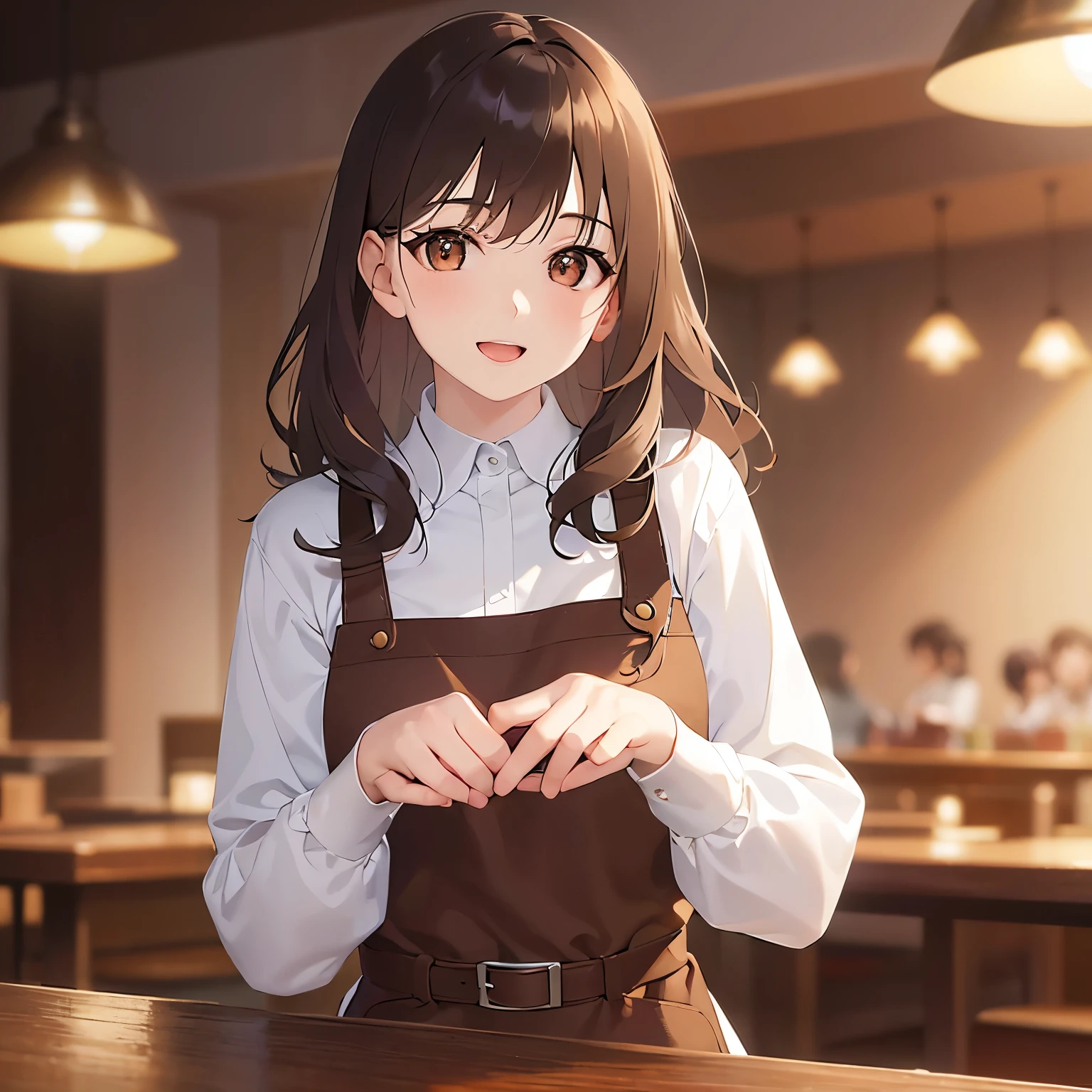 (looking at viewer:1.5),Upper Body,Hands on chest、
Realistic, real person, (pale skin: 1.2), RAW photo, photorealistic, shiny skin, shiny hair、
(A 25-year-old woman with medium-length hair and bangs) and (wavy hair) and (brown hair) and (orange eyes) 、
Relieved Smile,open mouth,Wearing a white long-sleeved shirt 、(Brown apron:1.5)、The background is inside the restaurant、night