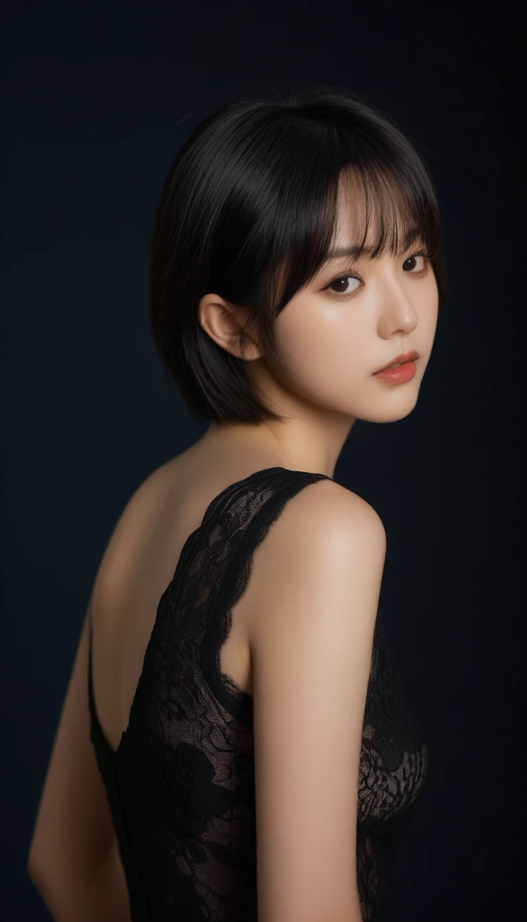 8k, Ultra-high resolution, Highest quality, masterpiece, 三分割法によるphotograph,Surreal, photograph, 1 Girl, (:1.3), pretty girl, Cute Face, Beautiful eyes in every detail, 細かくdetailedに,masterpiece,One Girl:1.2,Japanese female announcer,cowboy shot,Serious expression,Black short hair,Bob with bangs,Black Lace Lingerie, See through, Look forward, Standing posture, Opposition, Dynamic Lighting, Sharp contours, Light from above, Low contrast, (Side view),Perfect and beautiful face ,完璧でCute Face, Skin with attention to detail, Perfect limbs、Narrow waist,Looking at the audience,(((Ideal body type))),A cup small breasts :2,Portraiture:2,Perfect Anatomy,鮮明なdetailed,detailed,Surreal,Light and shadow,glowing