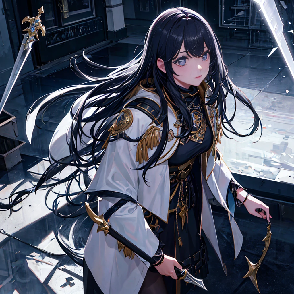 Very beautiful young lady, Light makeup, Prime Time, Reality, High contrast, 8K HD, detailed, hyper-detailed, Realistic skin texture, Long black hair, Large Breasts, best quality, Ultra-high resolution, RAW photos, Dramatic Lighting, Unreal Engine, Diffuse light intricate silver eaba, White Empire Cloak, spear, sword, Rudderless