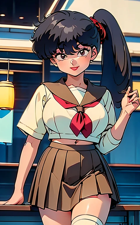 (((masterpiece, Highest quality, case)))), High resolution、8k、1990s、1 girl,alone, kodachi kuno (16 years old, Black hair side ponytail Japanese school attire(( cream colored sailor suit,Brown collar、Brown pleated skirt,Alloy white T-shaped, Socks skin color(light brown)))), Huge breasts, beautiful girl,Bright smile、White knee-high socks、I can see your belly、Detailed skin, Autora Rumiko Takahashi