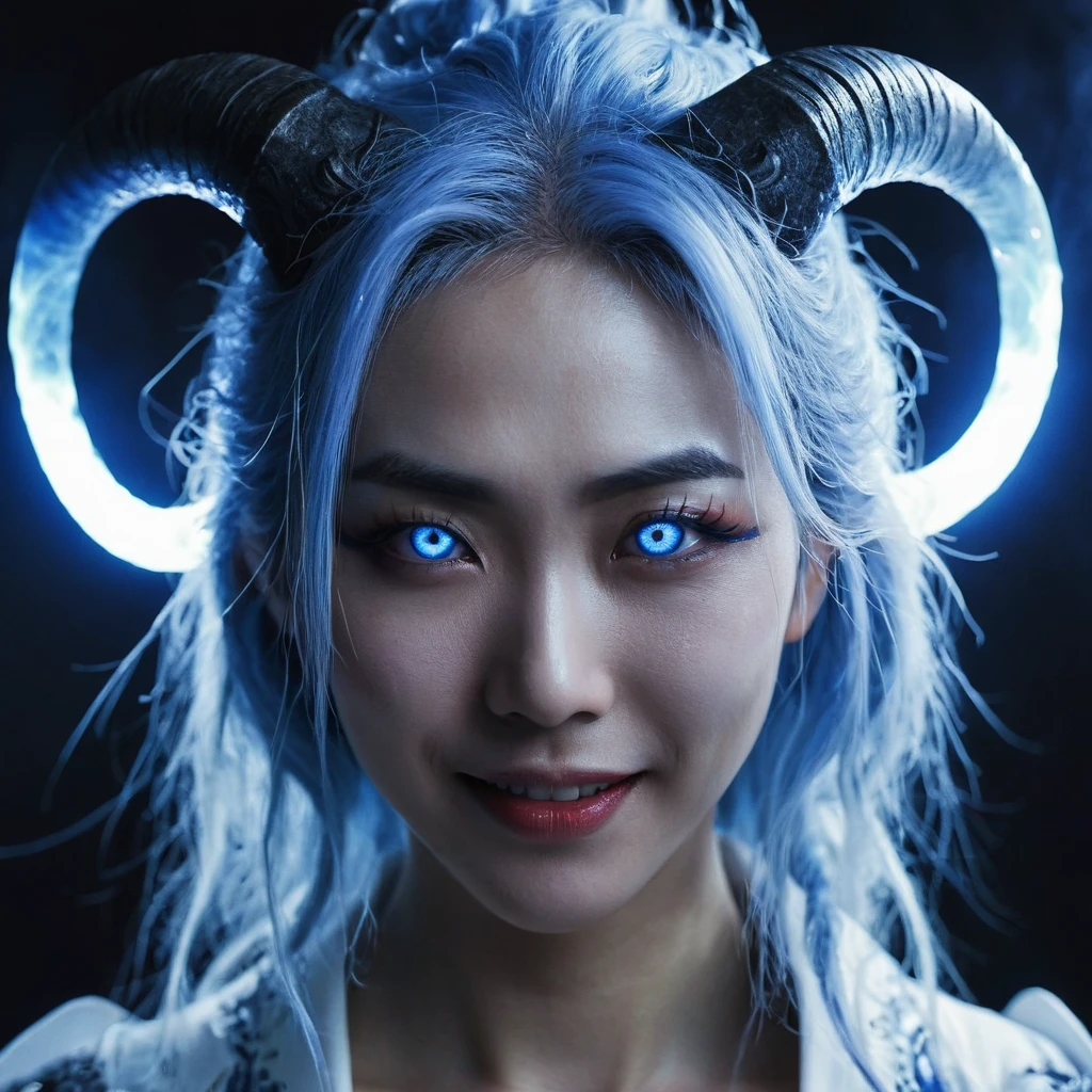 I want a human with eyes covered by a lightning aura and a woman of Japanese ethnicity, I want her to have a hideous smiling expression, and an extremely strong blue demonic aura that surrounds his entire being, this woman has two horns that are covered by lightning and will have long white hair, and wore a sensual Japanese outfit, will have eyes covered in dark blue rays and appear to be 24 years old at most. captured in an ultra-realistic full HD 4K portrait, detailed texture showing its menacing shape, Immersive atmosphere, high definition shadow play, digitalpainting, nevoa no environment. I want a different monster from each other and make the image darker, obscure, creating a dark and dimly lit horror atmosphere!