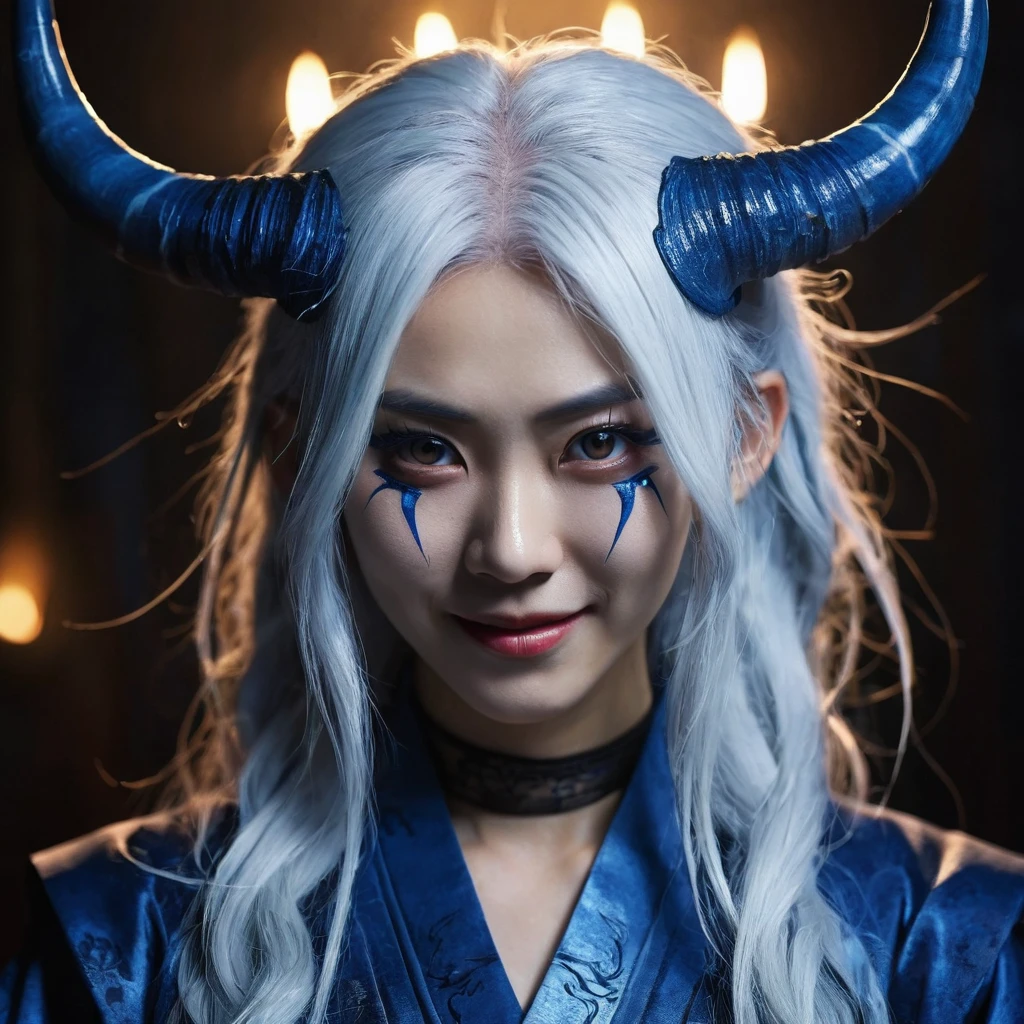I want a human with eyes covered by a lightning aura and a woman of Japanese ethnicity, I want her to have a hideous smiling expression, and an extremely strong blue demonic aura that surrounds his entire being, this woman has two horns that are covered by lightning and will have long white hair, and wore a sensual Japanese outfit, will have eyes covered in dark blue rays and appear to be 24 years old at most. captured in an ultra-realistic full HD 4K portrait, detailed texture showing its menacing shape, Immersive atmosphere, high definition shadow play, digitalpainting, nevoa no environment. I want a different monster from each other and make the image darker, obscure, creating a dark and dimly lit horror atmosphere!