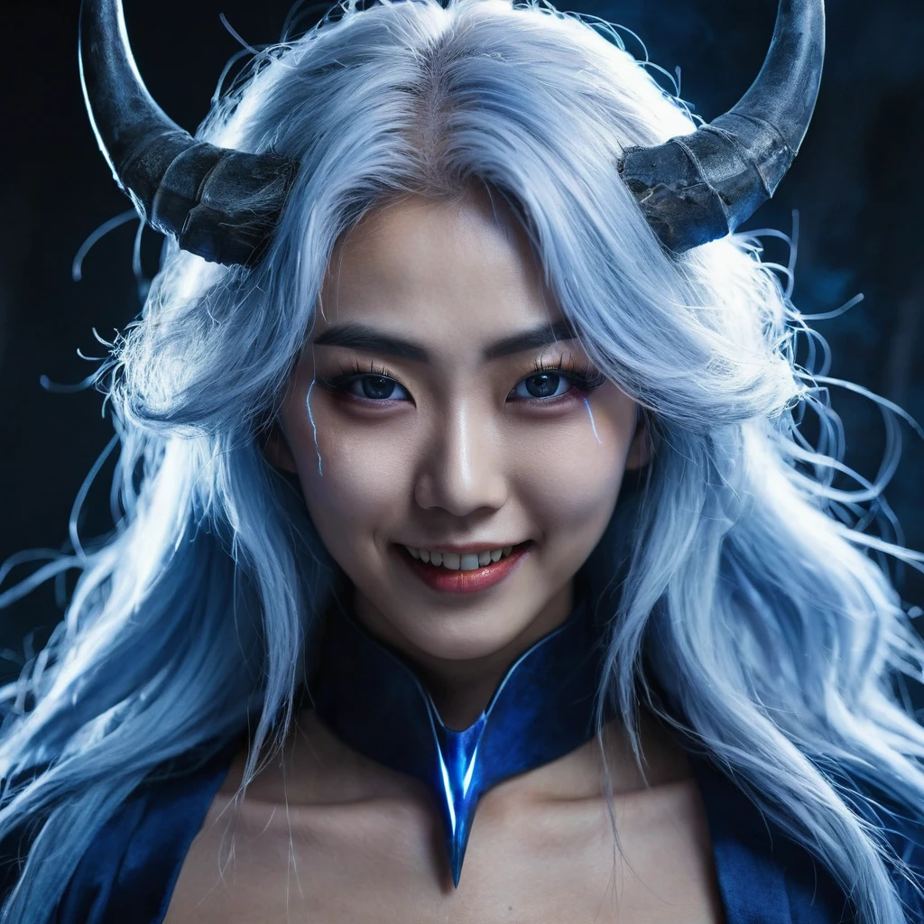 I want a human with eyes covered by a lightning aura and a woman of Japanese ethnicity, I want her to have a hideous smiling expression, and an extremely strong blue demonic aura that surrounds his entire being, this woman has two horns that are covered by lightning and will have long white hair, and wore a sensual Japanese outfit, will have eyes covered in dark blue rays and appear to be 24 years old at most. captured in an ultra-realistic full HD 4K portrait, detailed texture showing its menacing shape, Immersive atmosphere, high definition shadow play, digitalpainting, nevoa no environment. I want a different monster from each other and make the image darker, obscure, creating a dark and dimly lit horror atmosphere!