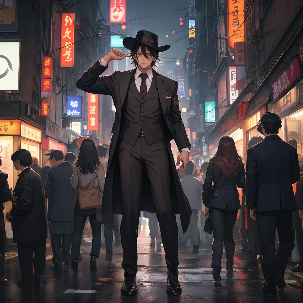 Amidst the bustling streets of Tokyo, Taro Sato stood at the edge of Shibuya Crossing, his dark hair catching the glow of neon lights. His figure cut a striking contrast against the vibrant backdrop—a tailored navy suit that spoke of sophistication, complemented by a classic detective’s hat perched atop his head. The hat, dark grey with a wide brim, lent an air of timeless mystery and authority.

In his right hand, Taro held a sleek, black handgun, its polished surface reflecting the city’s dazzling lights. The weapon was discreetly yet firmly gripped, suggesting readiness without overt aggression. The contrasting elements of his attire—the formal suit, the detective’s hat, and the gun—painted a complex portrait of a man who navigated Tokyo's vibrant chaos with a sharp, focused purpose.

As he stood in the midst of the frenetic crowd, the rhythmic pulse of Tokyo seemed to blur around him. His eyes, keen and alert, scanned the sea of faces and neon signs. He briefly stepped into a quieter alleyway, where the high-energy atmosphere of the main streets gave way to the softer glow of a ramen shop. The warm light from within offered a brief respite, casting a gentle illumination on his face and the gun he held. In this blend of chaos and calm, Taro Sato remained a figure of both intrigue and vigilance, perfectly at home in the city’s ever-shifting landscape.