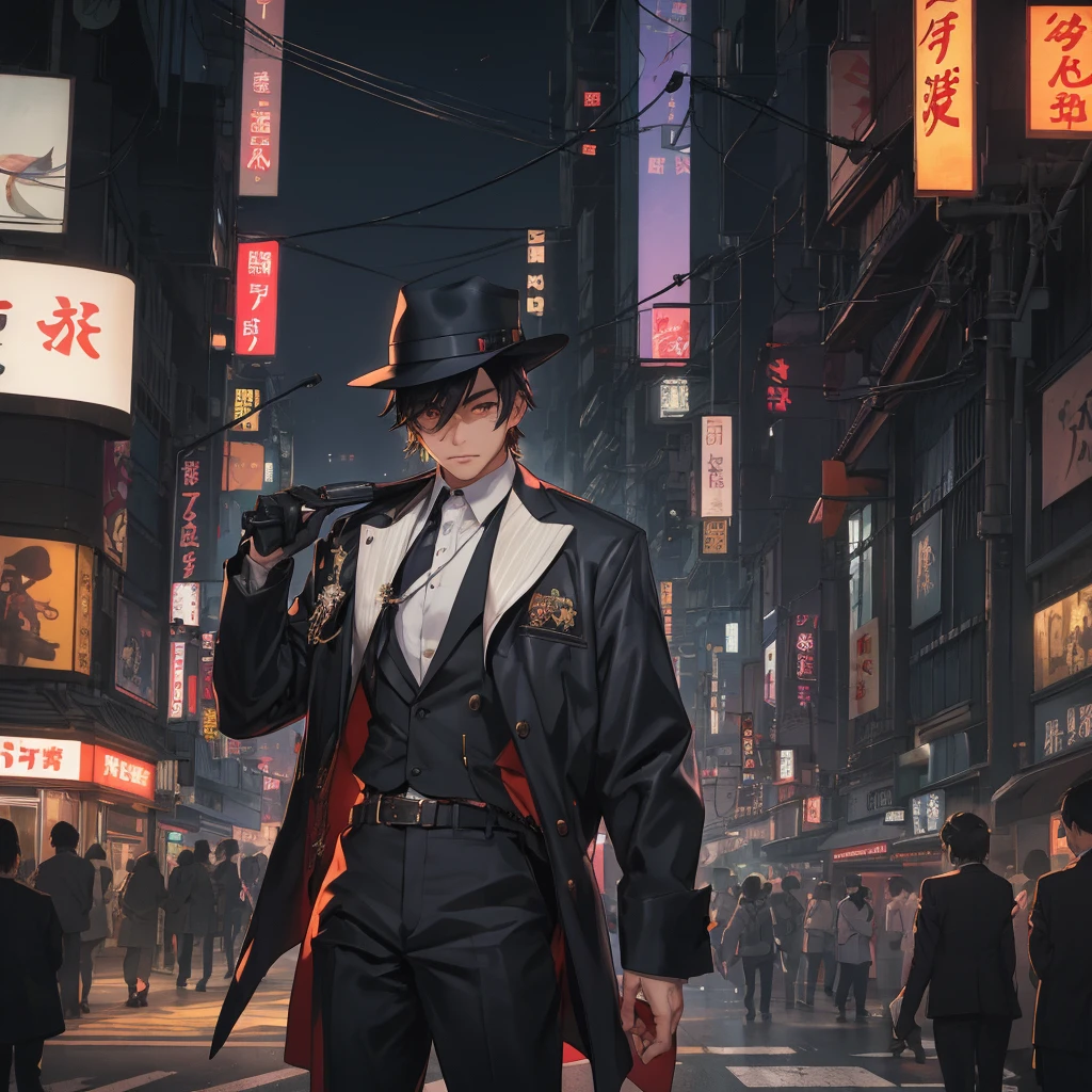 Amidst the bustling streets of Tokyo, Taro Sato stood at the edge of Shibuya Crossing, his dark hair catching the glow of neon lights. His figure cut a striking contrast against the vibrant backdrop—a tailored navy suit that spoke of sophistication, complemented by a classic detective’s hat perched atop his head. The hat, dark grey with a wide brim, lent an air of timeless mystery and authority.
In his right hand, Taro held a sleek, black handgun, its polished surface reflecting the city’s dazzling lights. The weapon was discreetly yet firmly gripped, suggesting readiness without overt aggression. The contrasting elements of his attire—the formal suit, the detective’s hat, and the gun—painted a complex portrait of a man who navigated Tokyo's vibrant chaos with a sharp, focused purpose.
As he stood in the midst of the frenetic crowd, the rhythmic pulse of Tokyo seemed to blur around him. His eyes, keen and alert, scanned the sea of faces and neon signs. He briefly stepped into a quieter alleyway, where the high-energy atmosphere of the main streets gave way to the softer glow of a ramen shop. The warm light from within offered a brief respite, casting a gentle illumination on his face and the gun he held. In this blend of chaos and calm, Taro Sato remained a figure of both intrigue and vigilance, perfectly at home in the city’s ever-shifting landscape.