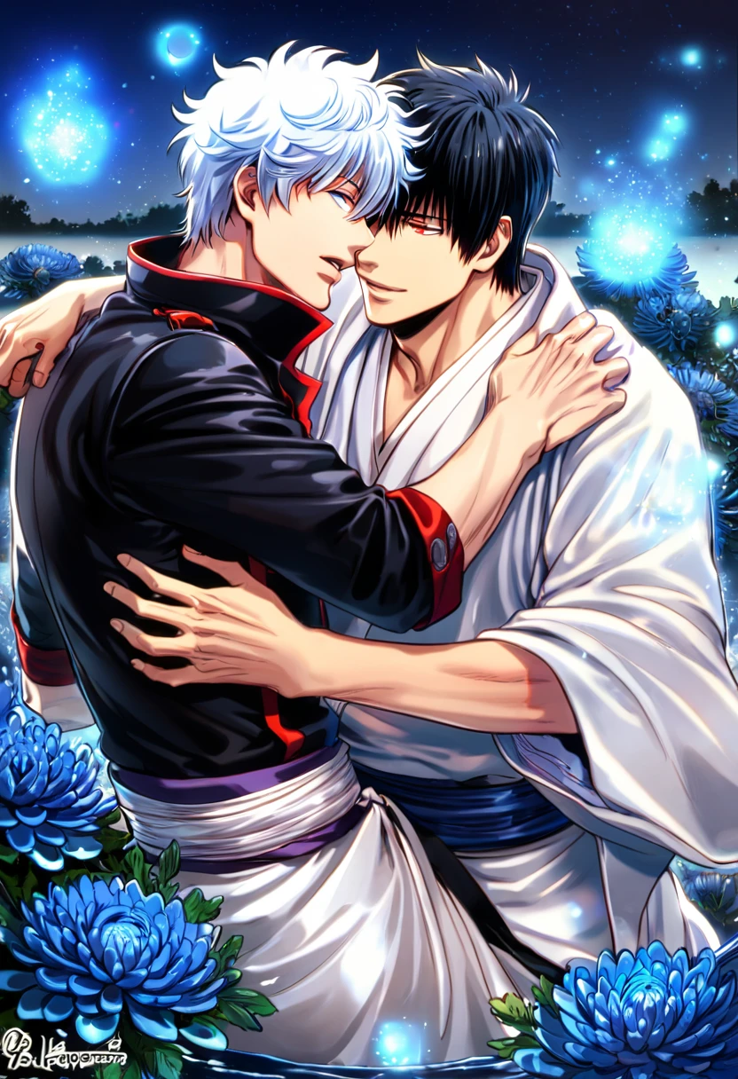 absurdres, highres, ultra detailed, HDR, master piece, best quality, extremely detailed, Sakata Gintoki, white hair, expressive red eyes, Gintama, Hijikata Toshiro, black hair, expressive blue eyes, two sexy men together, yaoi, gay couple, handsome, white kimono, blak military clothes, fantasy, water, sparkling, blue glittering fireflies, blue moon, blue blossoms, blue chrysanthemums, blue sparkling lights, starry sky, magical