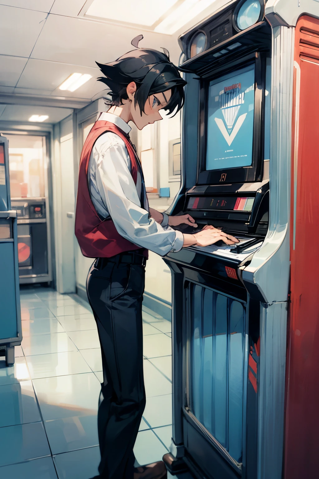retro anime boy with jukebox, black hair