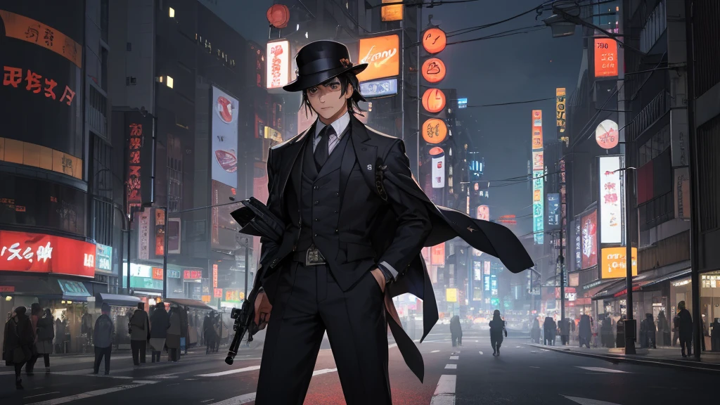 Amidst the bustling streets of Tokyo, Taro Sato stood at the edge of Shibuya Crossing, his dark hair catching the glow of neon lights. His figure cut a striking contrast against the vibrant backdrop—a tailored navy suit that spoke of sophistication, complemented by a classic detective’s hat perched atop his head. The hat, dark grey with a wide brim, lent an air of timeless mystery and authority.
In his right hand, Taro held a sleek, black handgun, its polished surface reflecting the city’s dazzling lights. The weapon was discreetly yet firmly gripped, suggesting readiness without overt aggression. The contrasting elements of his attire—the formal suit, the detective’s hat, and the gun—painted a complex portrait of a man who navigated Tokyo's vibrant chaos with a sharp, focused purpose.
As he stood in the midst of the frenetic crowd, the rhythmic pulse of Tokyo seemed to blur around him. His eyes, keen and alert, scanned the sea of faces and neon signs. He briefly stepped into a quieter alleyway, where the high-energy atmosphere of the main streets gave way to the softer glow of a ramen shop. The warm light from within offered a brief respite, casting a gentle illumination on his face and the gun he held. In this blend of chaos and calm, Taro Sato remained a figure of both intrigue and vigilance, perfectly at home in the city’s ever-shifting landscape.