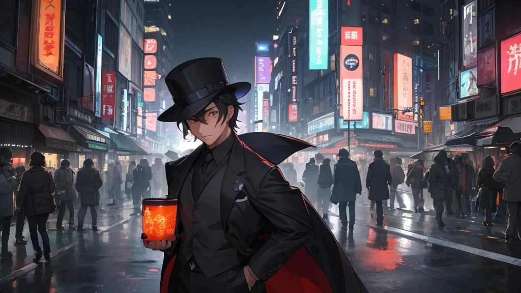 Amidst the bustling streets of Tokyo, Taro Sato stood at the edge of Shibuya Crossing, his dark hair catching the glow of neon lights. His figure cut a striking contrast against the vibrant backdrop—a tailored navy suit that spoke of sophistication, complemented by a classic detective’s hat perched atop his head. The hat, dark grey with a wide brim, lent an air of timeless mystery and authority.
In his right hand, Taro held a sleek, black handgun, its polished surface reflecting the city’s dazzling lights. The weapon was discreetly yet firmly gripped, suggesting readiness without overt aggression. The contrasting elements of his attire—the formal suit, the detective’s hat, and the gun—painted a complex portrait of a man who navigated Tokyo's vibrant chaos with a sharp, focused purpose.
As he stood in the midst of the frenetic crowd, the rhythmic pulse of Tokyo seemed to blur around him. His eyes, keen and alert, scanned the sea of faces and neon signs. He briefly stepped into a quieter alleyway, where the high-energy atmosphere of the main streets gave way to the softer glow of a ramen shop. The warm light from within offered a brief respite, casting a gentle illumination on his face and the gun he held. In this blend of chaos and calm, Taro Sato remained a figure of both intrigue and vigilance, perfectly at home in the city’s ever-shifting landscape.