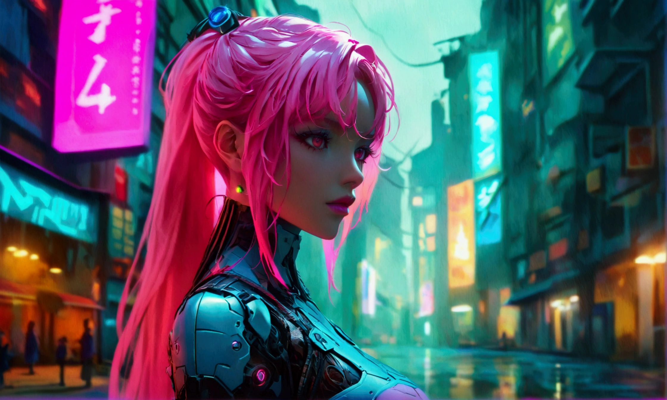 Cyborg woman, long pink hair,, cyberpunk style outfit, cyberpunk background, "Anime character design inspired by One Piece, full of dramatic and impressive lighting, focus on the centralized character, impressive face, full of creative details, 4K ultra-fine design, scenery bathed in creativity, boasting 2D anime resolution clarity, HD anime graphics, high-octane rendering"