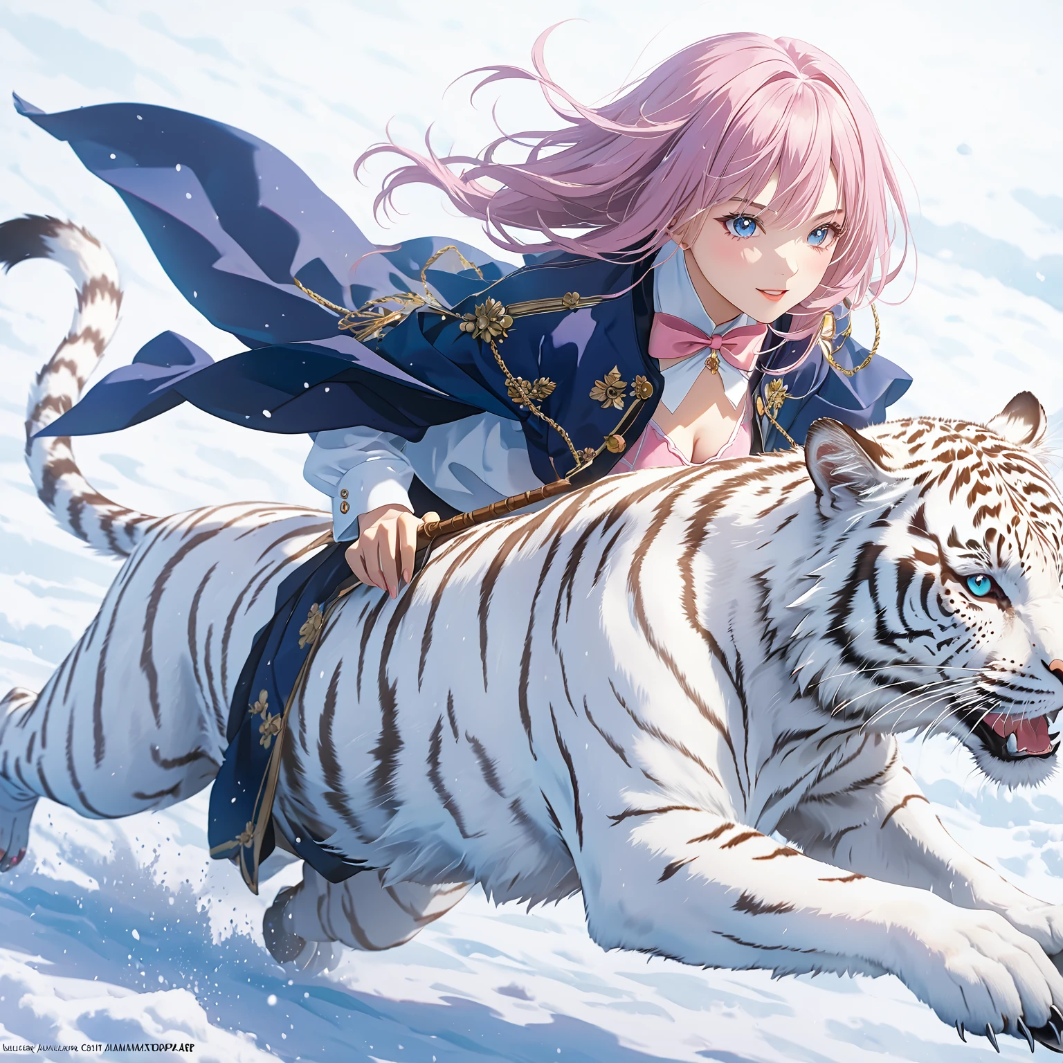 anime girl riding a white tiger in the snow, {{wearing pink bikini:1.6}}, (pink highheel), running sea side, anime art wallpaper 8k, clean detailed anime art