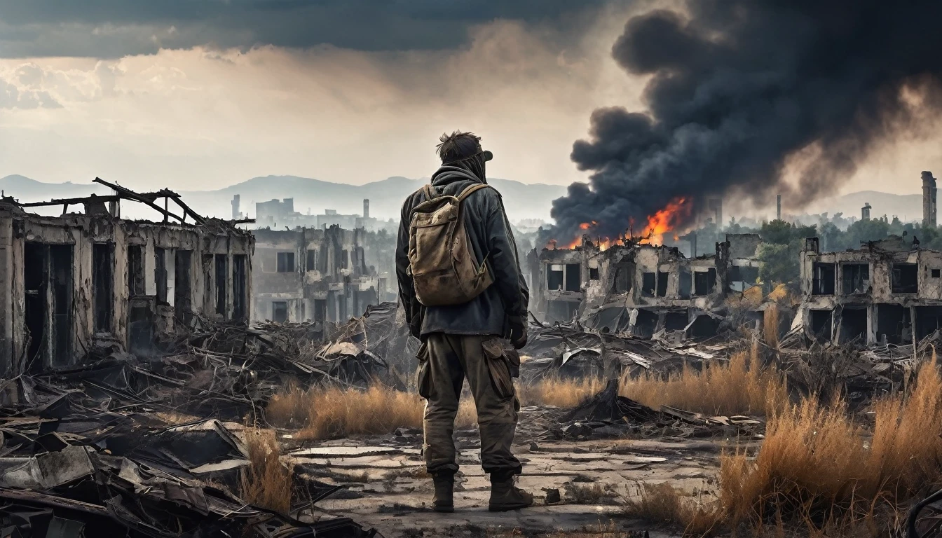 A post-apocalyptic landscape with abandoned buildings and overgrown vegetation. A lone survivor in tattered clothes scavenges through the ruins, a ruined cityscape in the background. Smoke rises from distant fires, and the sky is filled with ominous clouds. Ultra-high definition, sharp details, dramatic camera sweep from the ground up to the sky.