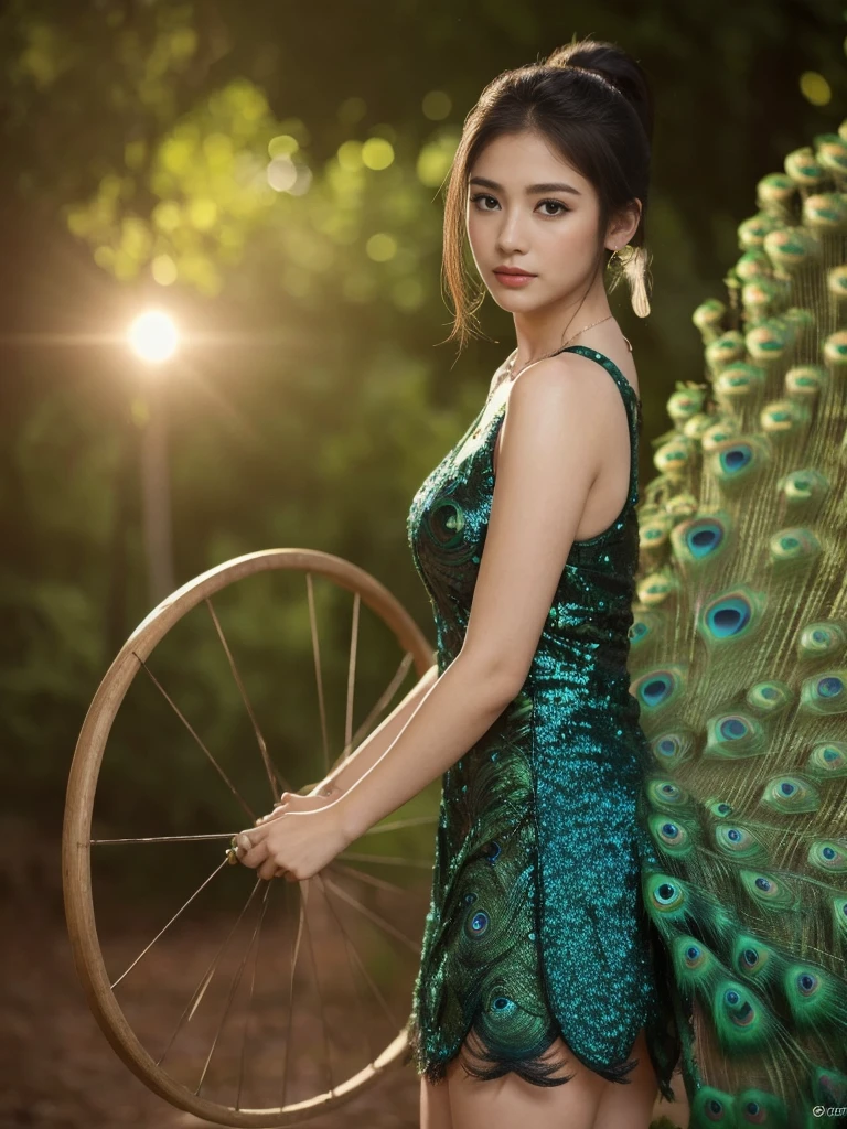 best quality, Masterpiece, height, 1 girl,Chinese dress,The dress is very short, showing off the beautiful proportions., decorationsผม,necklace, decorations,Beautiful face,when_body, Tyndall Effect,realistic, dark studio, Light around the wheel rim, Two tone light,(Highly detailed skin:1.2), 8K เอ่อ, dslr, soft light, High quality, Volumetric light, Straightforward, photograph, high resolution, 4K, 8K, Bokeh, black ponytail hair, Peacock, Peacock tail, Peacock spreads its tail 