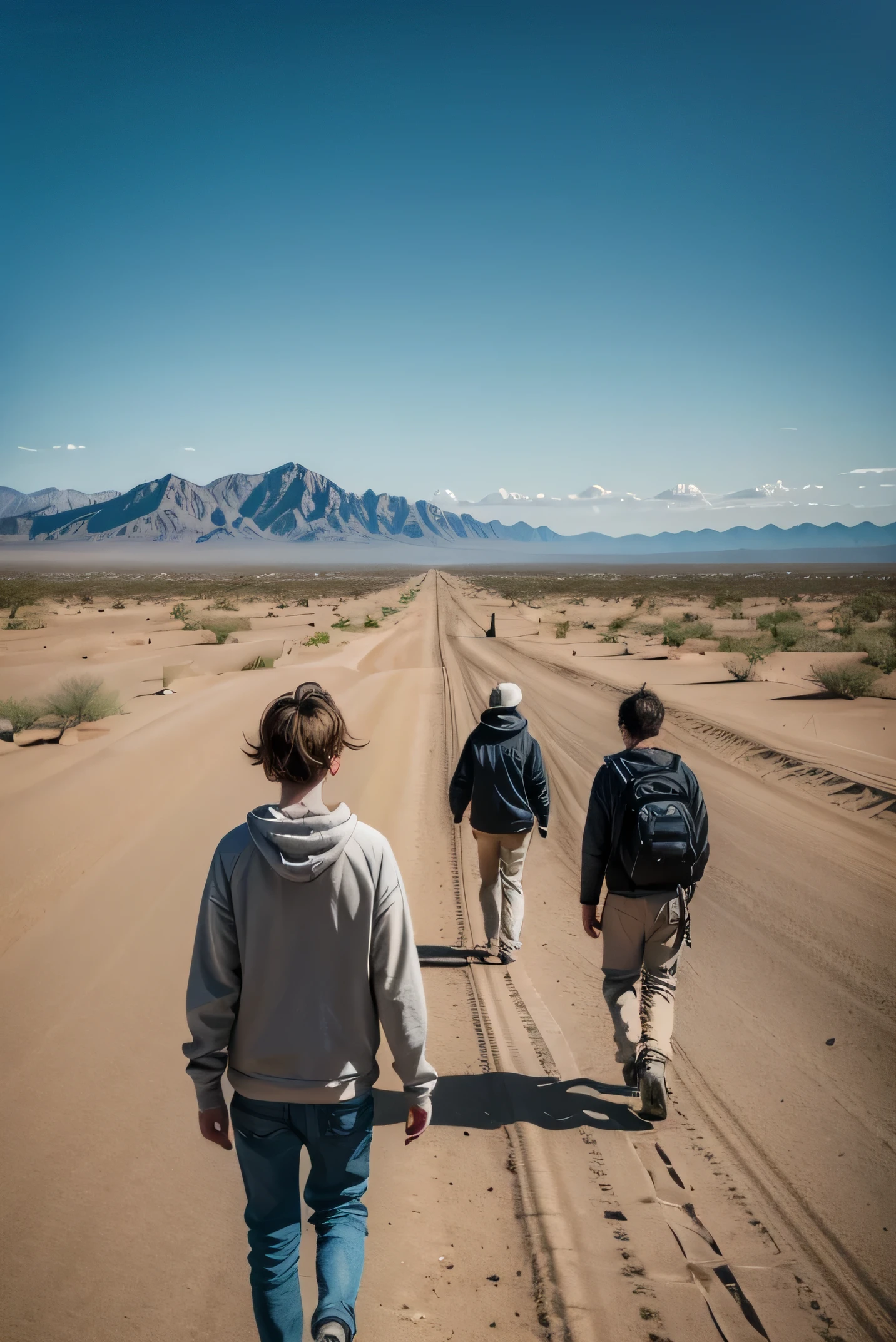 A desert with mountains and dust, a family of 3 people, two adults and a teenager dressed in modern clothing, walking and seeing the horizon, realistic photo, aspect ratio 4:3, neutral emotional state, average energy, Medium size, structured, camera angle: medium shot, posición del camera angle: over the shoulders, type of light: defined light source, Time of the day: sunset with clear sky, few clouds and clarity.