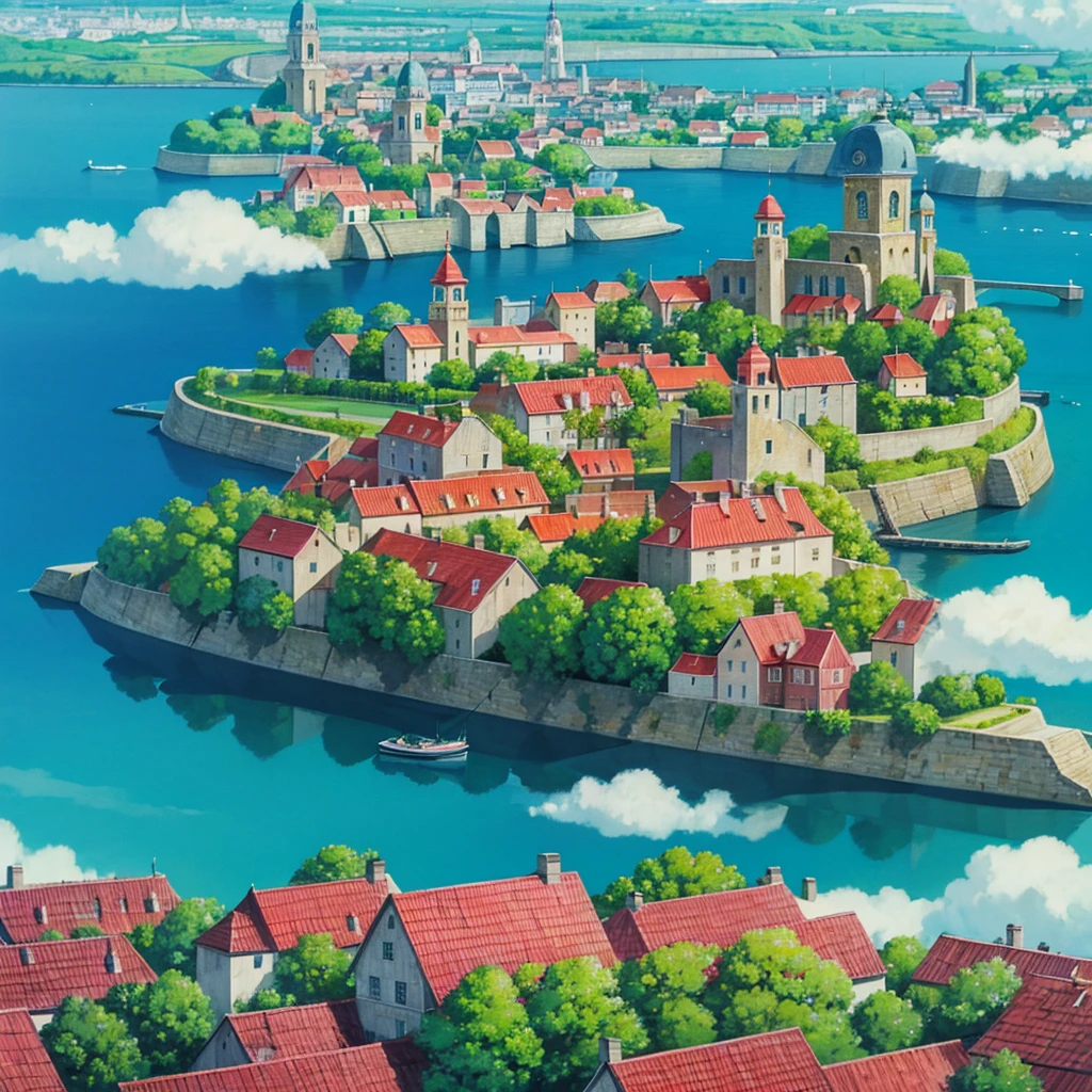 animesque, port town, Skyscape with clouds, Landscape without buildings. You can see the touch of the brush, Studio Ghibli, Ghibli, a sultry, Scenery, Style, sky line