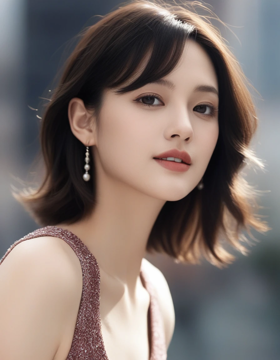 xxmixgirl, Close up Portrait of a beautiful cute long and slender face Japanese girl, A gorgeous young cute asian woman in a Glamorous outfit, happy smiling, still from the film, ((young Marion Cotillard face : 1.2)), ((young Anne Hathaway face: 1.0)), from front, realistic portrait photo of a cute 25 years old girl, looks at viewer, wavy nose, full lips, natural skin, skin moles,(cinematic, film grain:1.1), ((asian winged eyes, very long and slender slim face, windy tousled, long straight black bangs)), Modern young femme fatale character clad in maroon-saphire attire, oversized black sunglasses, sporting a modern black hat, superimposed on an urban cityscape, double exposure effect, pen and ink technique merged with alcohol ink for intricate detailing, ultra realistic.inspired By Harrison Fisher, comprehensive finely artistic works, (Leica SL3, Summicron-SL 75 f/2 ASPH, kodak Ektar 200 film), hands up, bokeh, silhouette, shallowed depth of field, dynamic action pose, hands up, nsfw, 18+