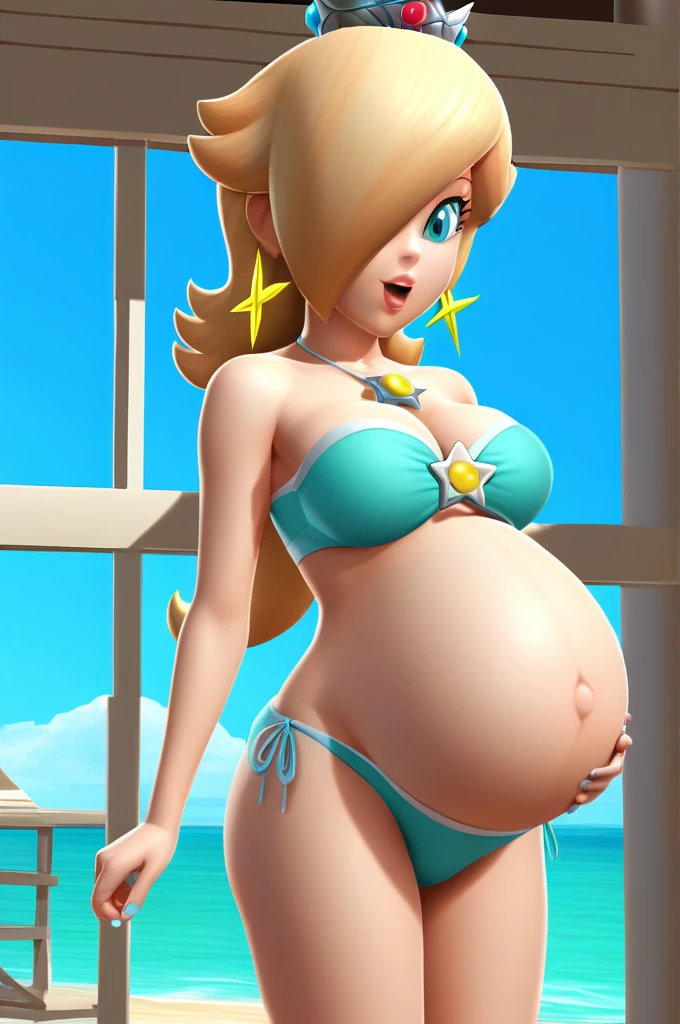 score_9, score_8_up, 1girl, solo, rosalina, style parody, thick outlines, bikini, swimsuit, pregnant belly, big belly, sleeveless, strapless, cleavage, indoors, beach, happy, showing his belly