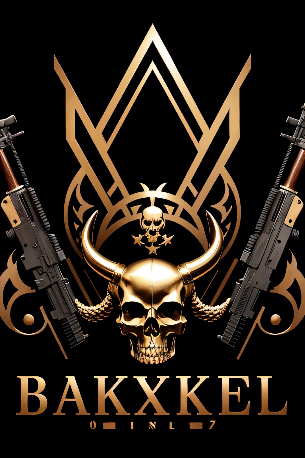70 Thousand logo with skull Skull all bronze 70 Thousand written Logo type of skull with the name written 70 Thousand Add 2 ak 47 to the image Add 1 rifle Keep the skull on top Remove the horns from the skull