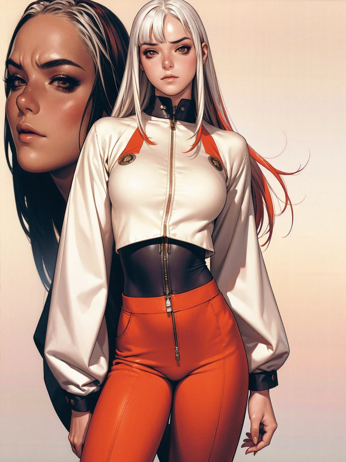 (best qualityer))), (((manga strokes))), (((long white hair with straight bangs and red highlights))), (((wide pants with 2 side stripes))), uma Kizi jovem muito bem vestida com roupas modernas de inverno, top gift vertical stripes, short jacket with dark fur collar, beautiful and expressive face, slightly-smile, big eyes with long black eyelashes, heavy make-up, chains and zippers spread across clothes, contrasting colours, pose de atitude, hair with a modern and futuristic cut, urban game poster art, dramatic camera angles, graffiti art elements in the background, design mixing contemporary and retro by Shepard Fairey, (((cowboy shot))), (((best qualityer: 1.4))), (Unbeatable masterpiece), (hiper HD),(CG 8k hyper-realistic), Kizi, (((standing alone))), pirralha violent, ((())), sexly, pose de atitude, work of art, post-apocalypse, (((manga style))), bounty hunter, violent, Manic, the way you want, slenderbody, thin but strong, perfectbody, roupa moderna, advanced technology, neon, sleeves with vertical striped pattern, neutral background, (( cowboy shot )). intricate visual