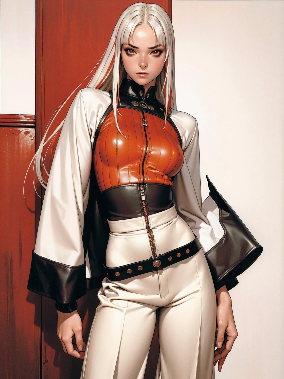 (best qualityer))), (((manga strokes))), (((long white hair with straight bangs and green highlights))), (((wide pants with 2 side stripes))), uma Kizi jovem muito bem vestida com roupas modernas de inverno, top gift vertical stripes, short jacket with dark fur collar, beautiful and expressive face, slightly-smile, big eyes with long black eyelashes, heavy make-up, chains and zippers spread across clothes, contrasting colours, pose de atitude, hair with a modern and futuristic cut, urban game poster art, dramatic camera angles, graffiti art elements in the background, design mixing contemporary and retro by Shepard Fairey, (((cowboy shot))), (((best qualityer: 1.4))), (Unbeatable masterpiece), (hiper HD),(CG 8k hyper-realistic), Kizi, (((standing alone))), pirralha violent, ((())), sexly, pose de atitude, work of art, post-apocalypse, (((manga style))), bounty hunter, violent, Manic, the way you want, slenderbody, thin but strong, perfectbody, roupa moderna, advanced technology, neon, sleeves with vertical striped pattern, neutral background, (( cowboy shot )). intricate visual