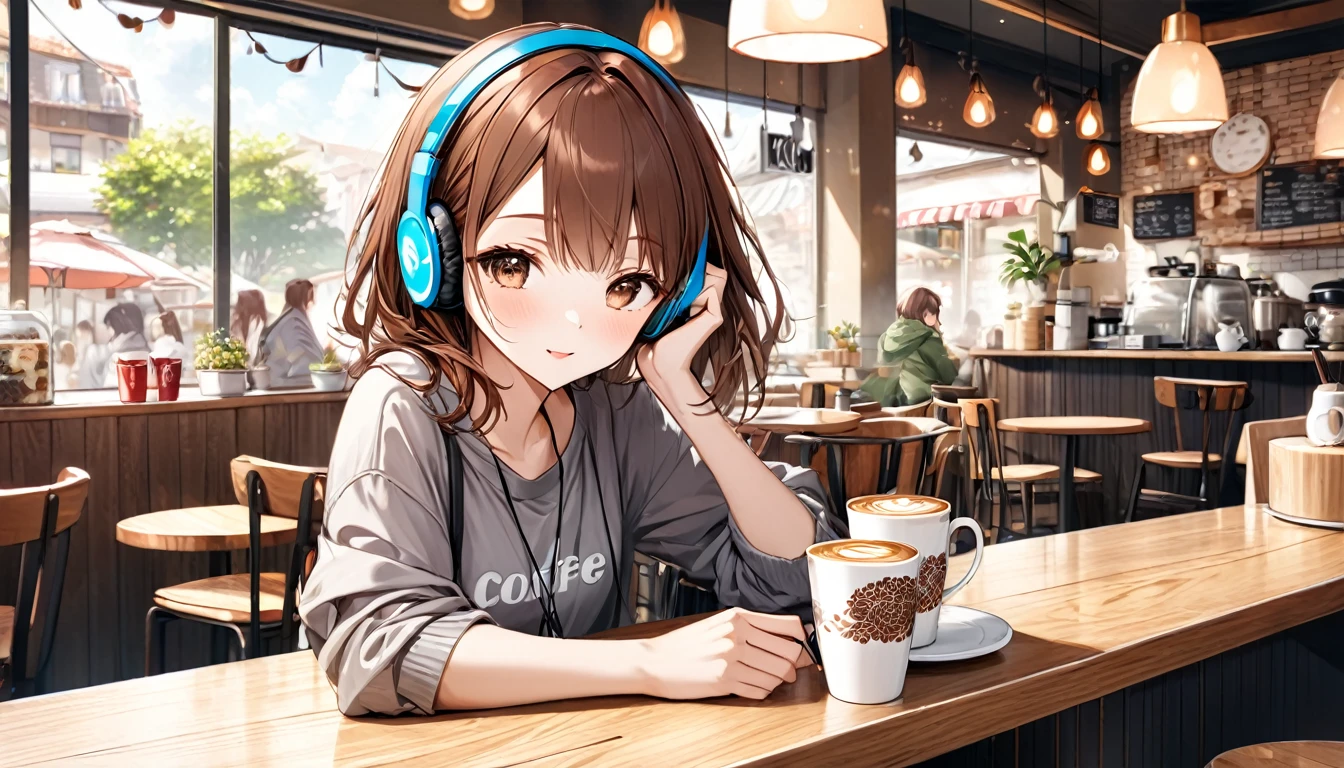 Brown-haired girl wearing headphones、A day in the cafe - very detailed、masterpiece, Highest quality, Bright - on a cafe background、Relaxed facial expression、Casual clothing、Coffee cup in hand
(Detailed fingers), (Emotional), (Breathtakingly beautiful), (main part:1.2 Whole body), (Anime Style), (Very detailed), (超High resolution, High resolution), (8k), (Complex and beautiful: 1.2)