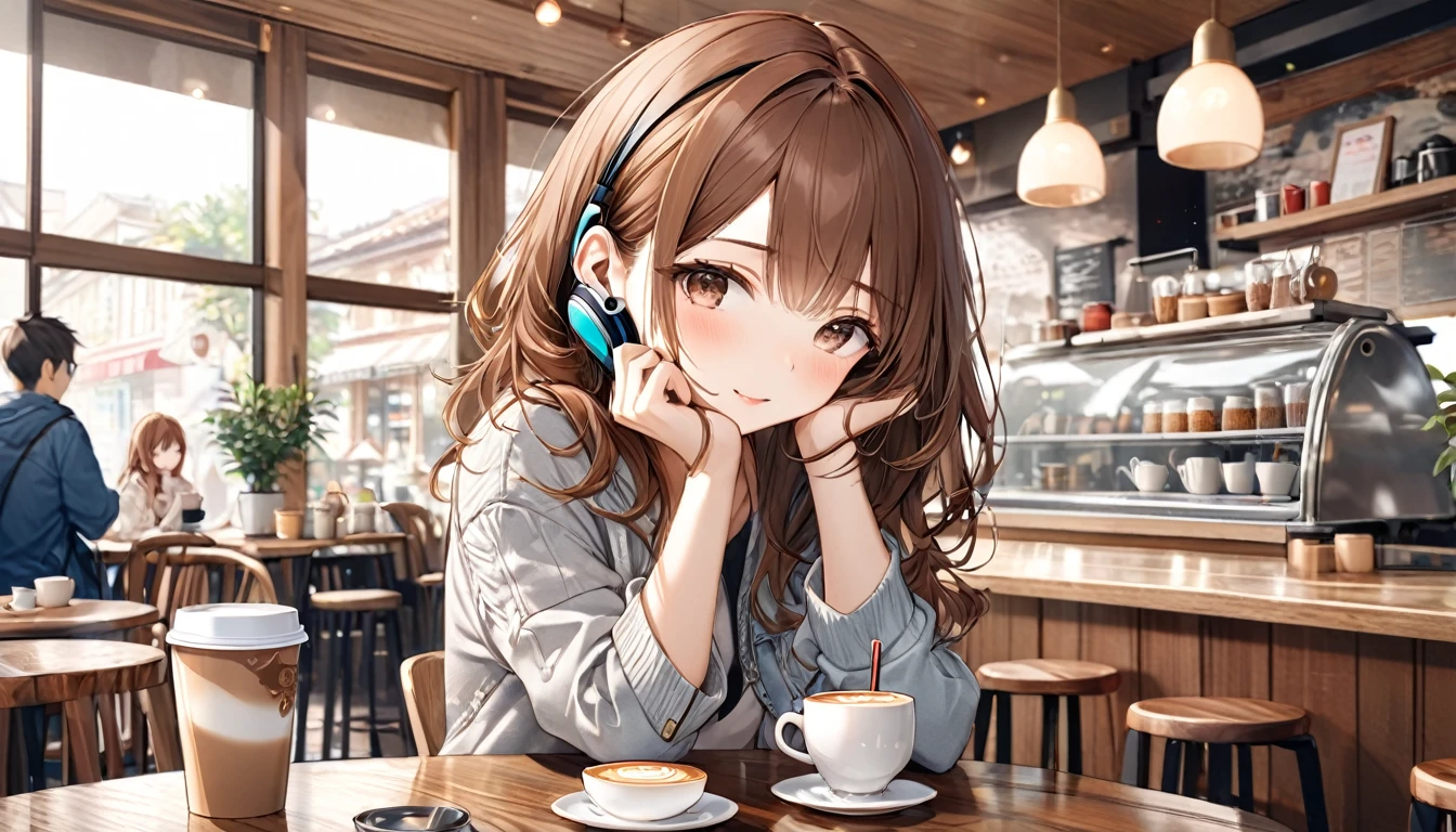 Brown-haired girl wearing headphones、A day in the cafe - very detailed、masterpiece, Highest quality, Bright - on a cafe background、Relaxed facial expression、Casual clothing、Coffee cup in hand
(Detailed fingers), (Emotional), (Breathtakingly beautiful), (main part:1.2 Whole body), (Anime Style), (Very detailed), (超High resolution, High resolution), (8k), (Complex and beautiful: 1.2)
