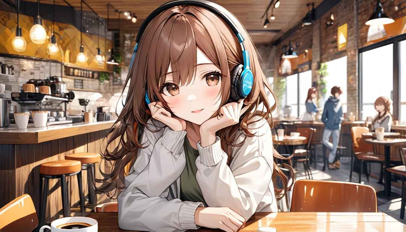 Brown-haired girl wearing headphones、A day in the cafe - very detailed、masterpiece, Highest quality, Bright - on a cafe background、Relaxed facial expression、Casual clothing、Coffee cup in hand
(Detailed fingers), (Emotional), (Breathtakingly beautiful), (main part:1.2 Whole body), (Anime Style), (Very detailed), (超High resolution, High resolution), (8k), (Complex and beautiful: 1.2)
