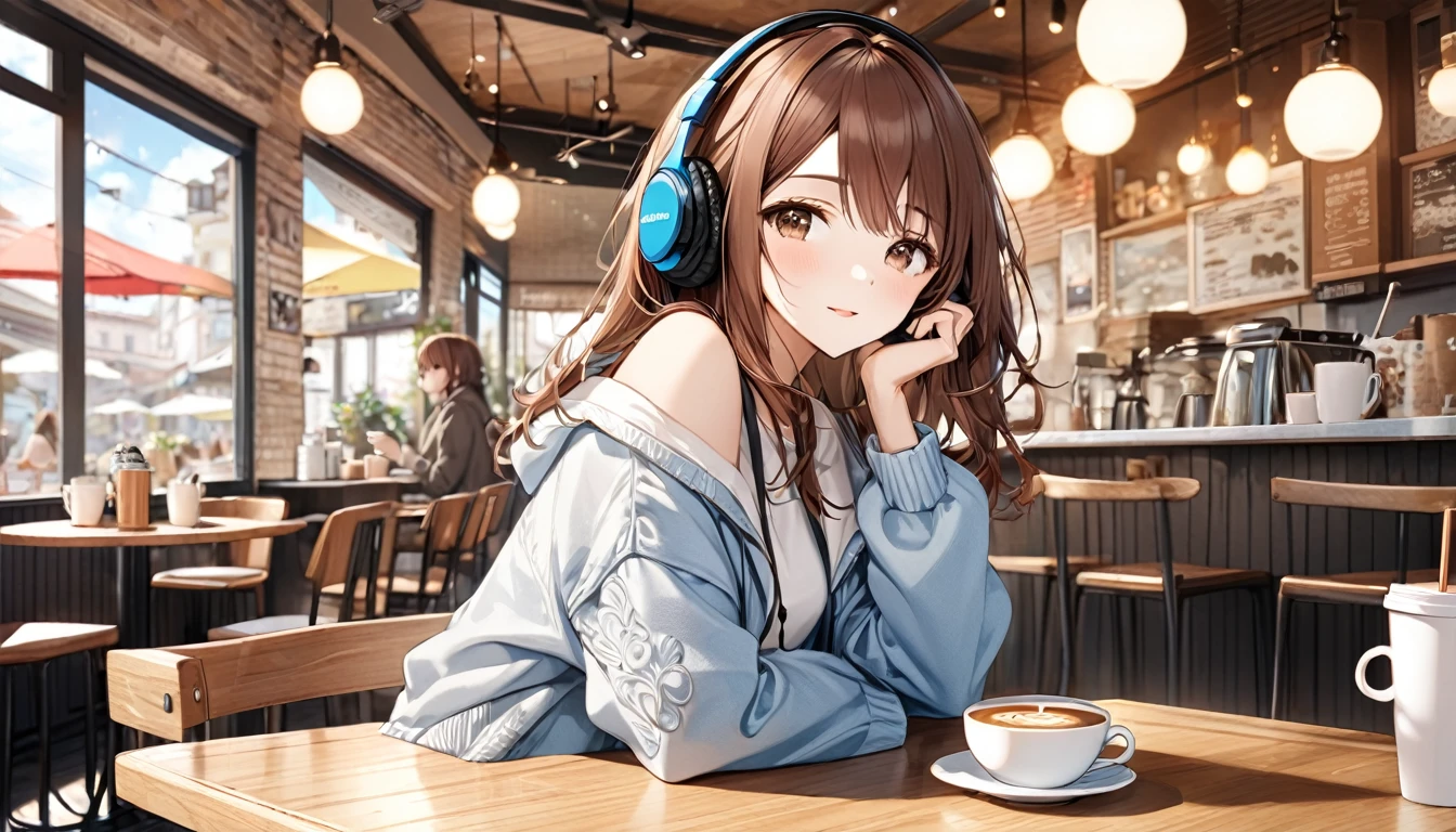 Brown-haired girl wearing headphones、A day in the cafe - very detailed、masterpiece, Highest quality, Bright - on a cafe background、Relaxed facial expression、Casual clothing、Coffee cup in hand
(Detailed fingers), (Emotional), (Breathtakingly beautiful), (main part:1.2 Whole body), (Anime Style), (Very detailed), (超High resolution, High resolution), (8k), (Complex and beautiful: 1.2)