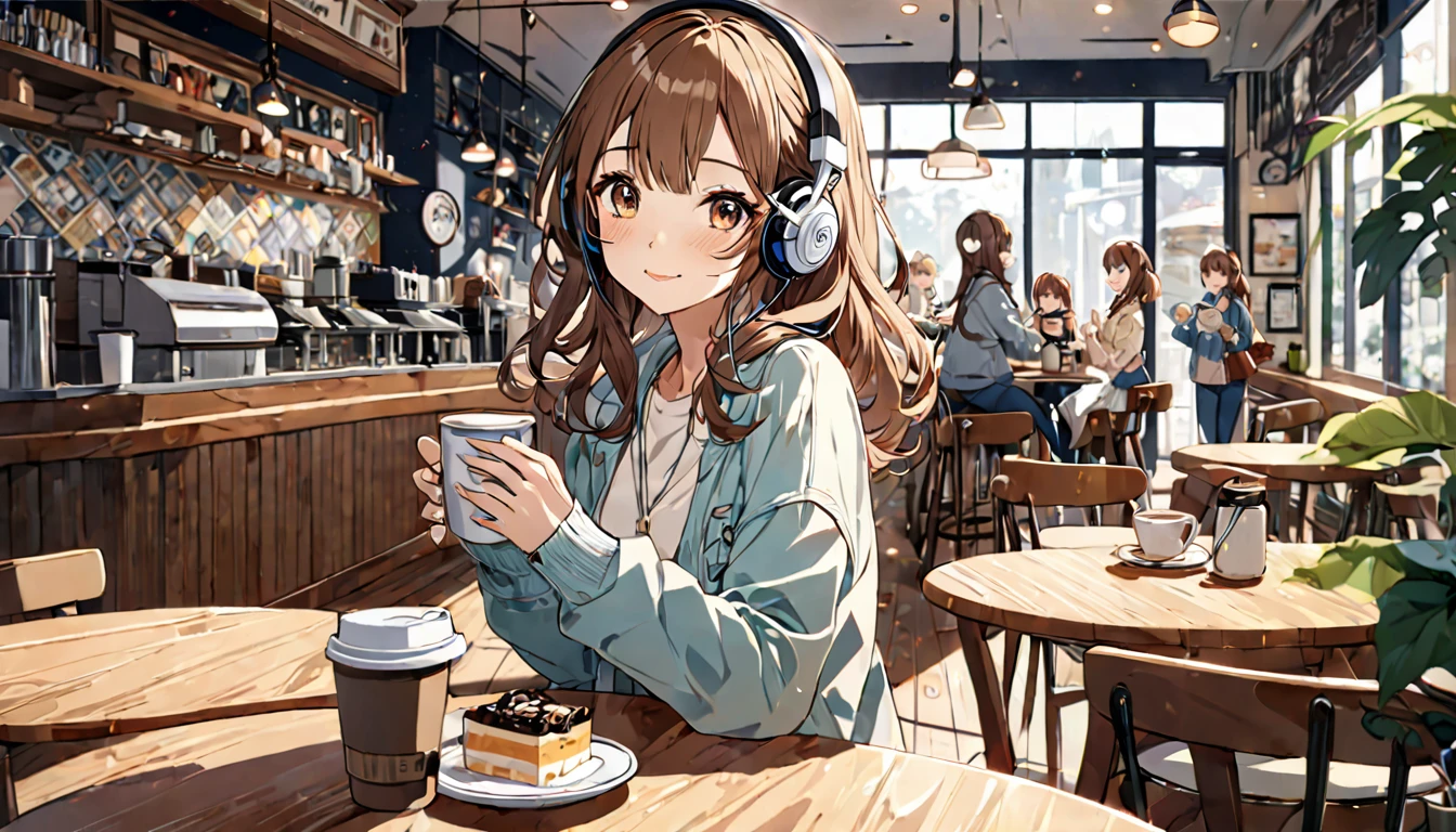 Brown-haired girl wearing headphones、A day in the cafe - very detailed、masterpiece, Highest quality, Bright - on a cafe background、Relaxed facial expression、Casual clothing、Coffee cup in hand
(Detailed fingers), (Emotional), (Breathtakingly beautiful), (main part:1.2 Whole body), (Anime Style), (Very detailed), (超High resolution, High resolution), (8k), (Complex and beautiful: 1.2)
